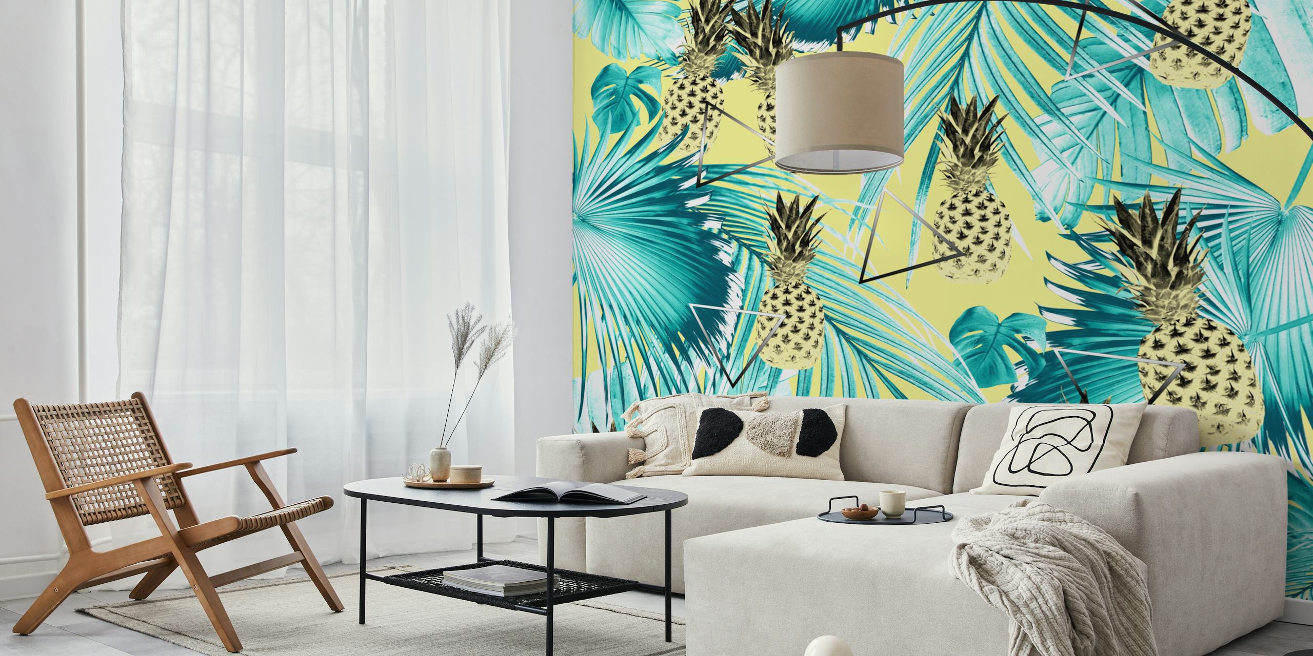 Tropical pineapple and palm leaves wallpaper in yellow and green