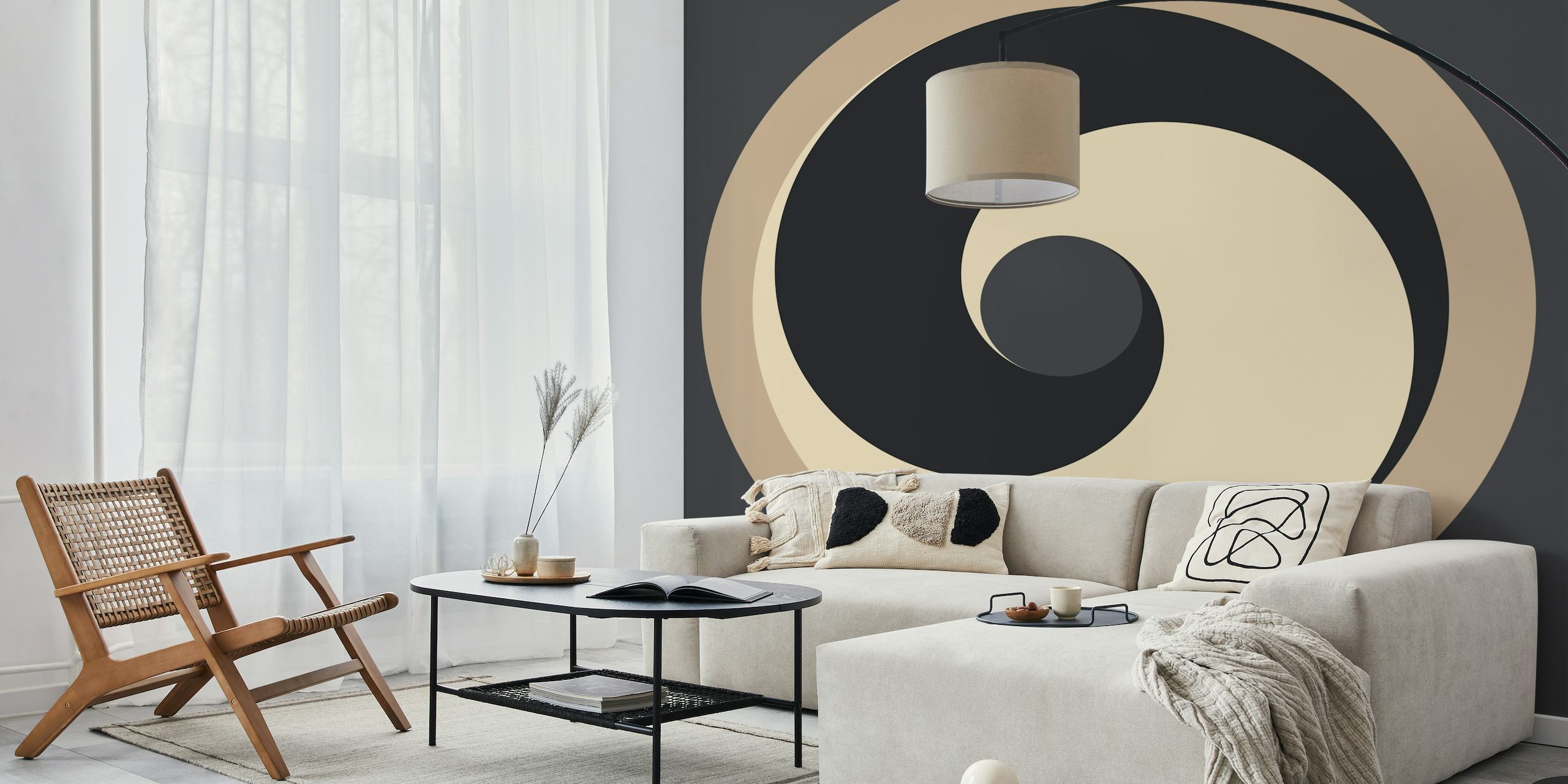Abstract wall mural with Japanese-inspired design featuring swirl patterns in monochromatic tones.