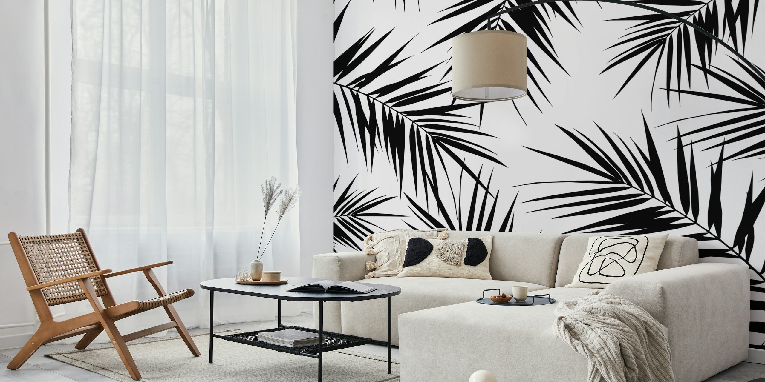 Black palm leaves pattern on white background wallpaper