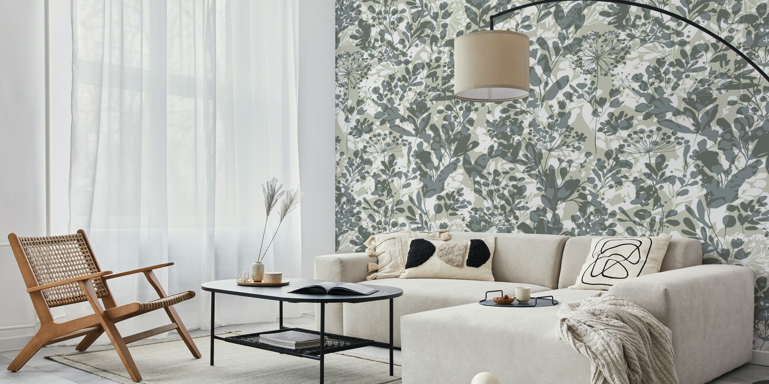 A peaceful wall mural depicting winter wild grasses in shades of grey.