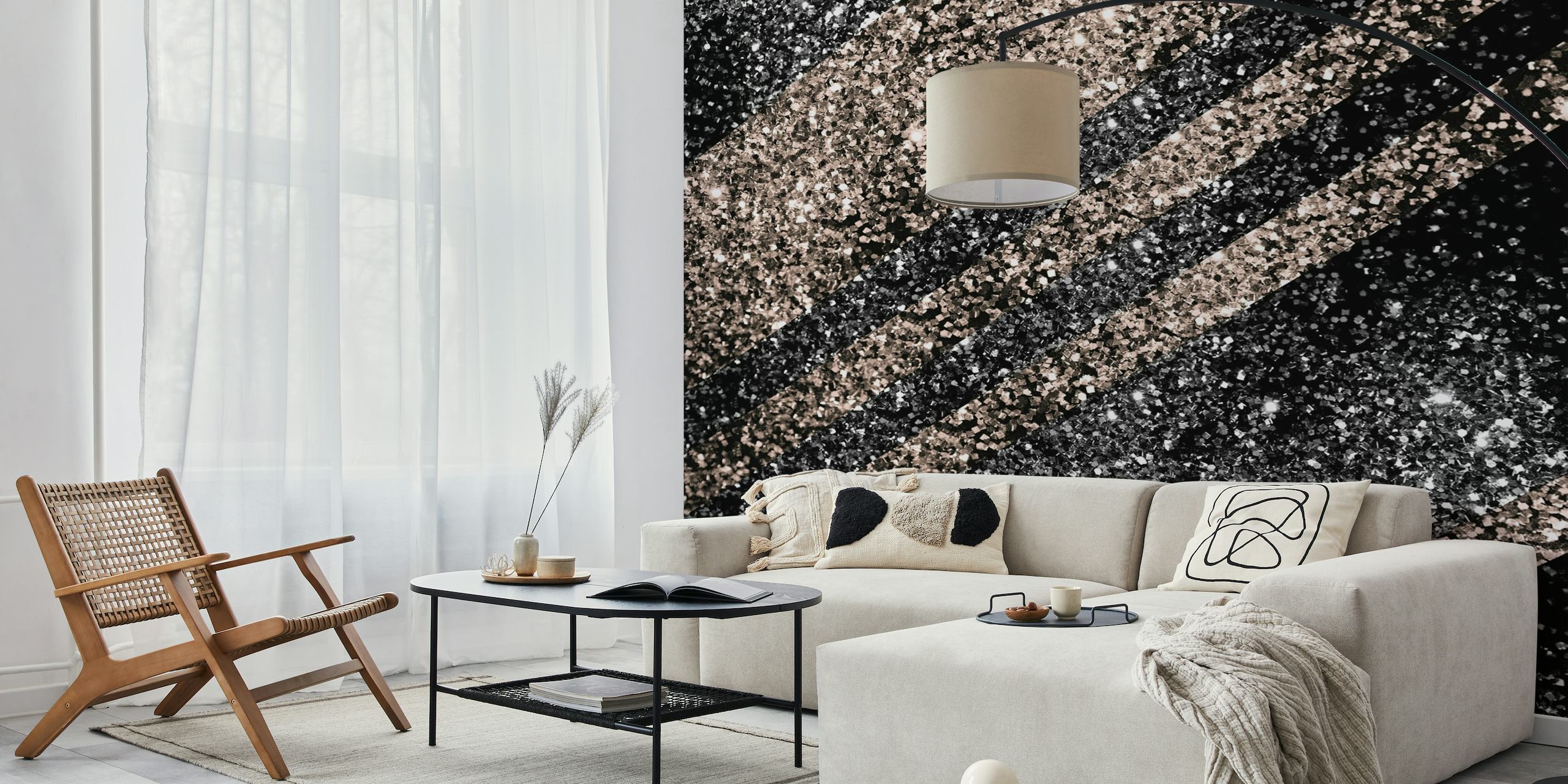 Close-up image of Black and Rose Gold Stripe Glitter Wallpaper