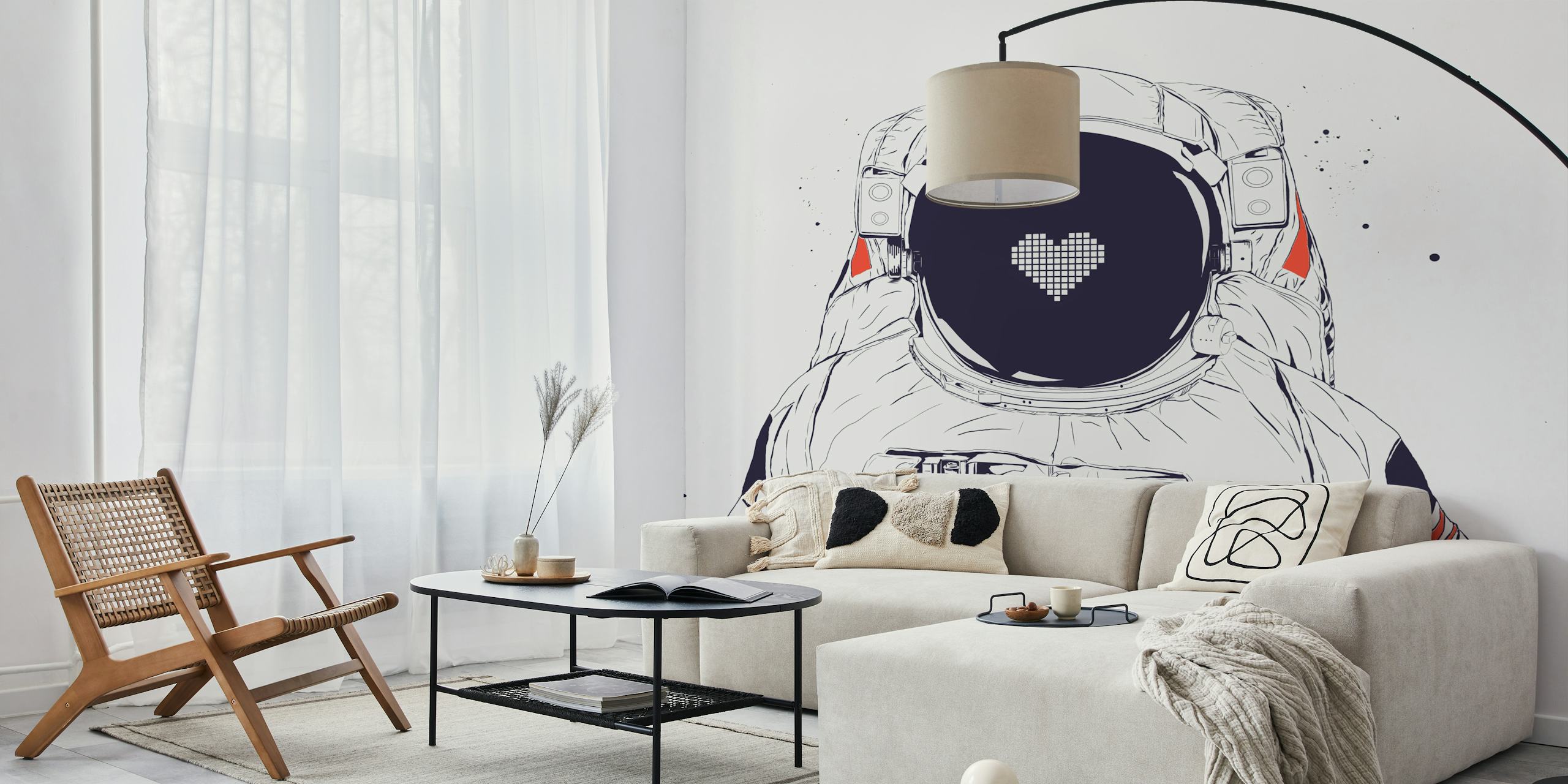 Illustration of an astronaut with a heart on the helmet in black and white wallpaper