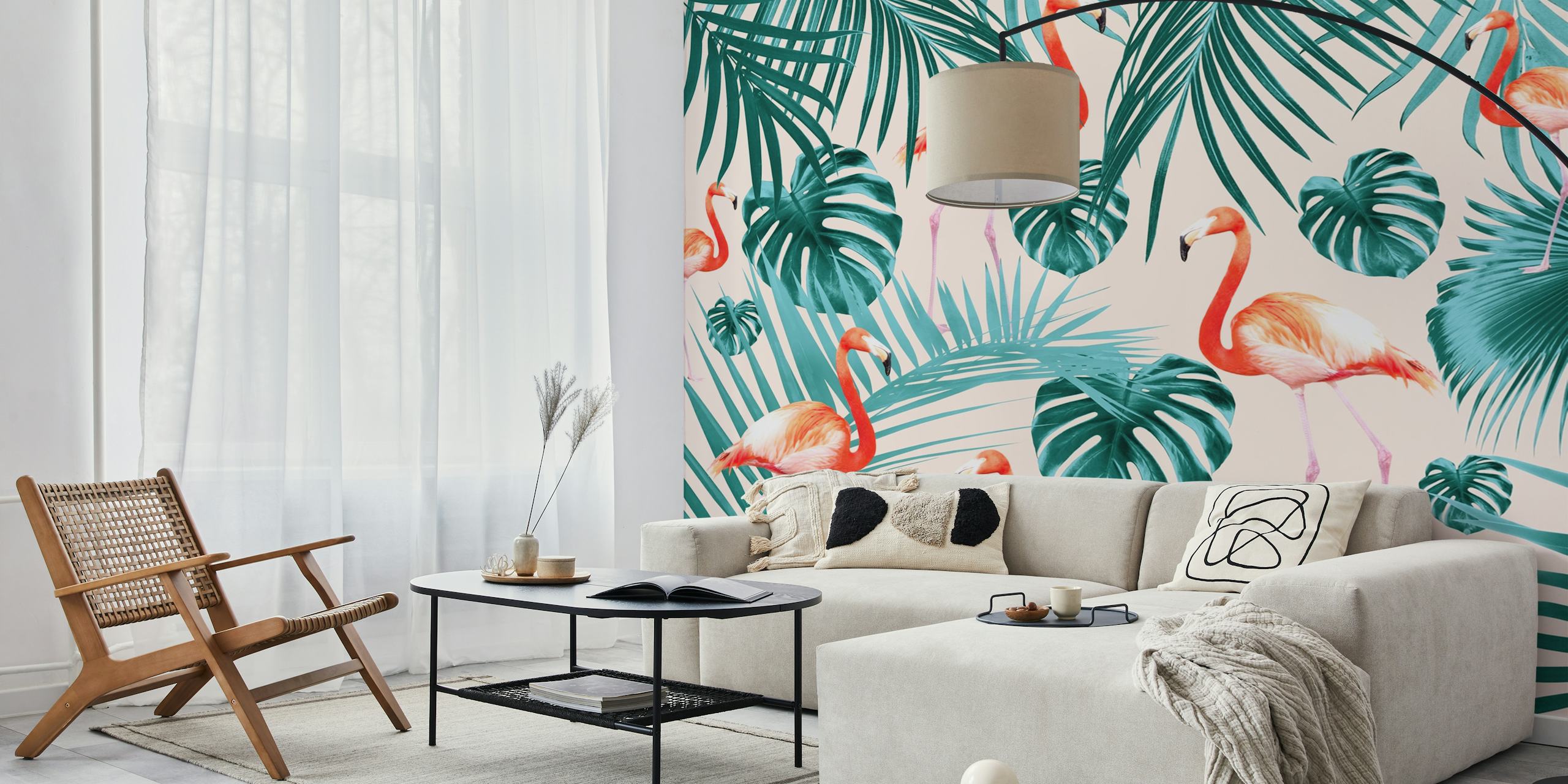 Tropical flora featuring pink flamingos and leafy green plants wallpaper
