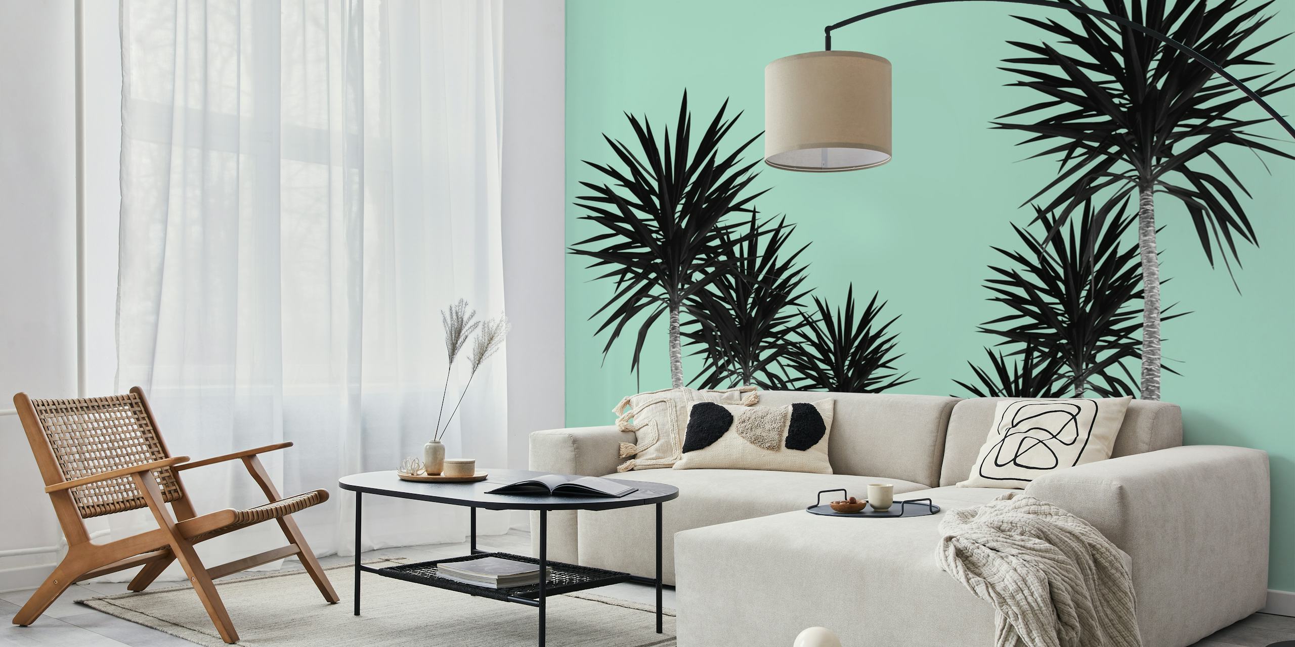 Black palm trees silhouette against a mint green background wallpaper