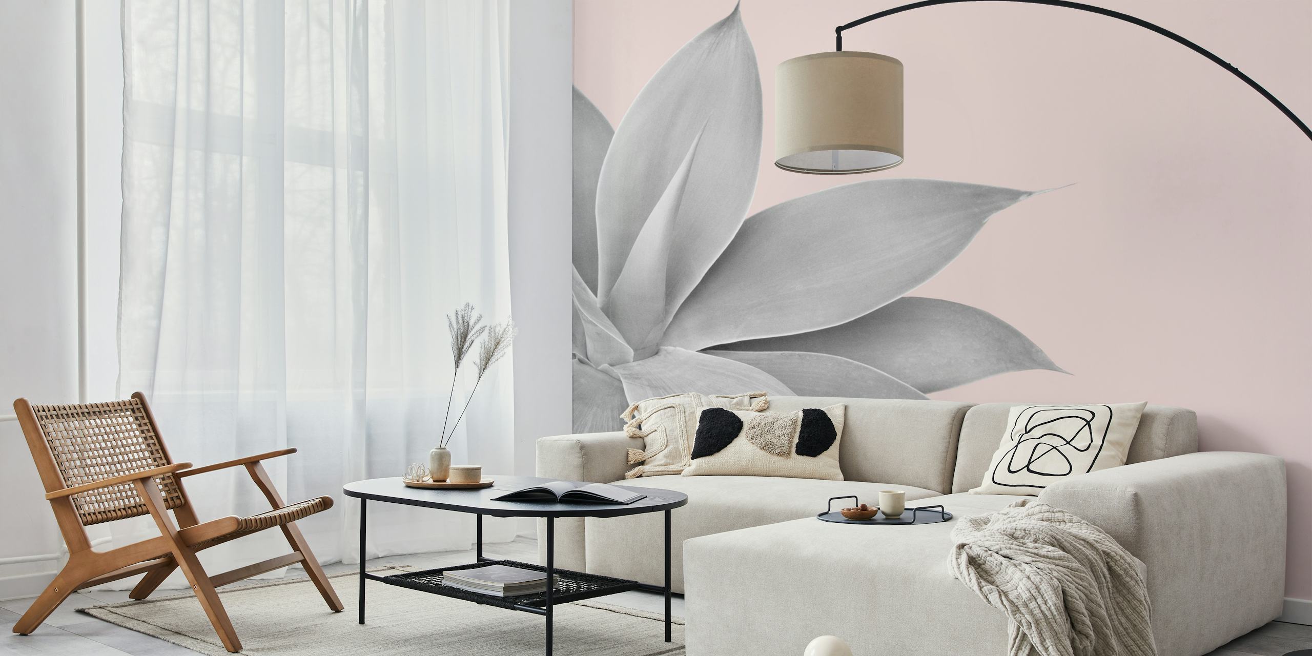 Agave plant grayscale illustration on soft pink background wall mural