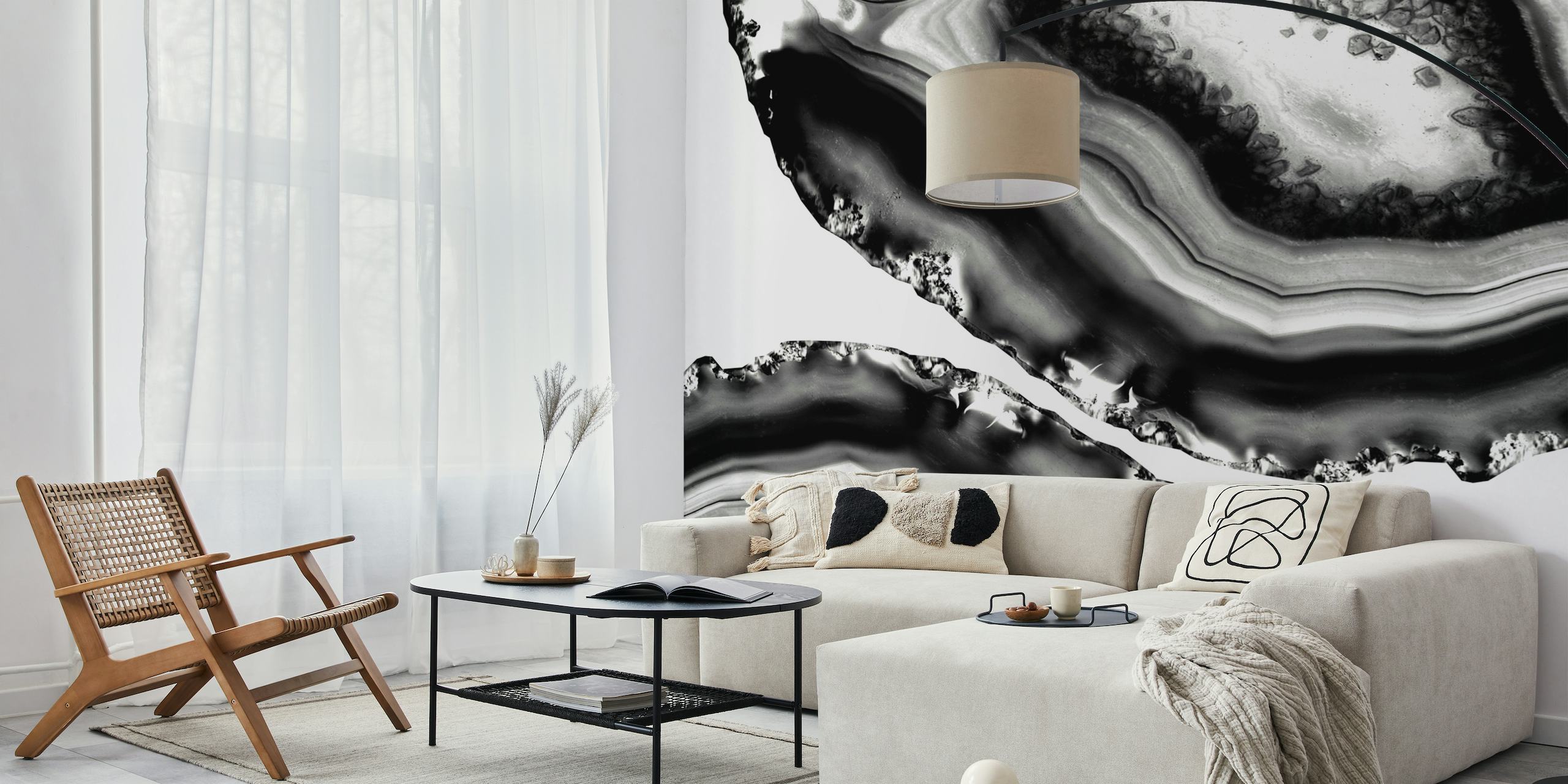Elegant vægmaleri med grå, sort og hvid agatmønster