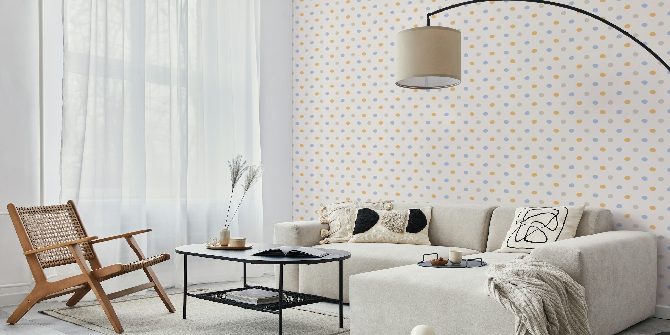 White wallpaper with multicolor dots in blue, yellow, and peach tones, modern dot pattern