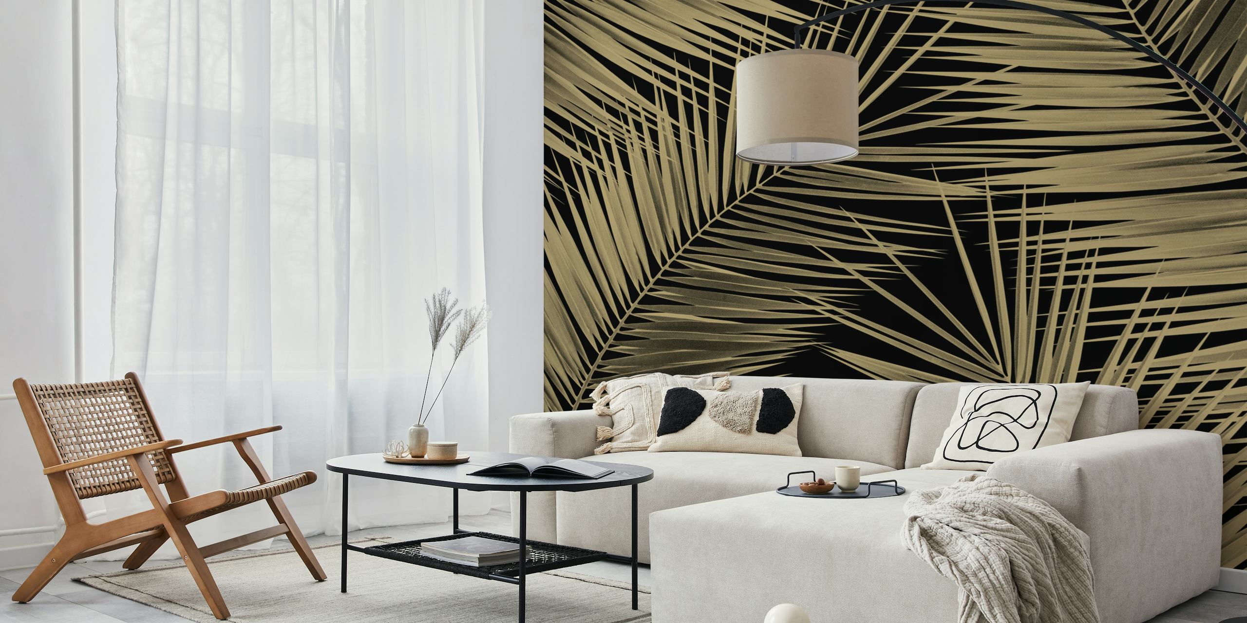 Papel de parede Tropical Palm Leaves Gold em um quarto