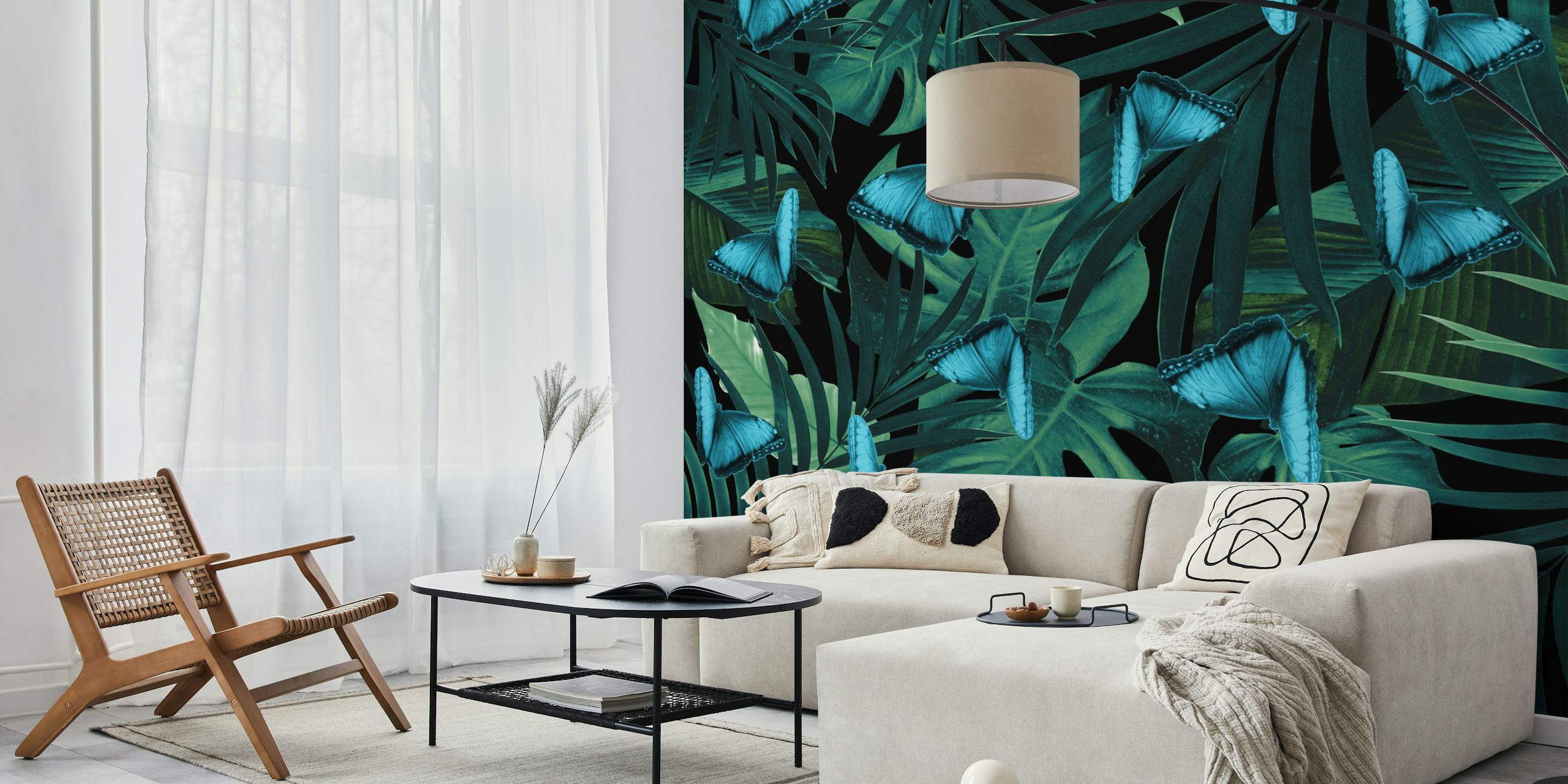 Tropical Butterfly Jungle wall mural with blue butterflies and green foliage.