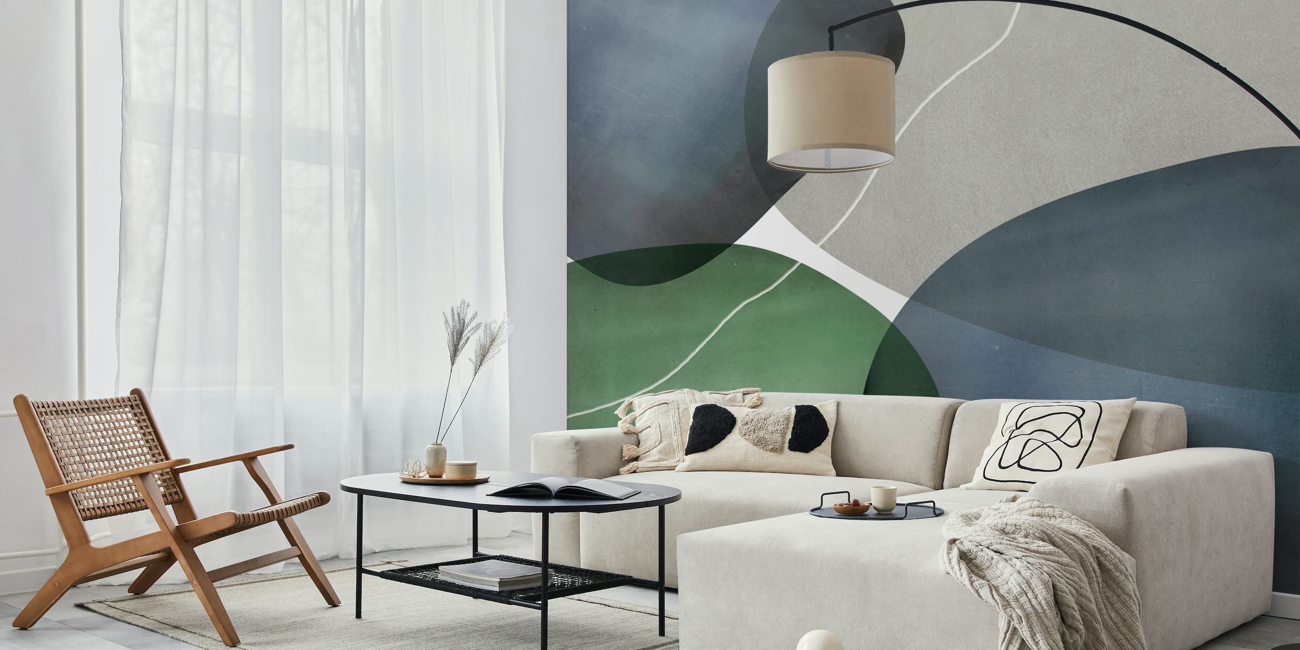 Abstract organic shapes wall mural in blue and green with gray accents