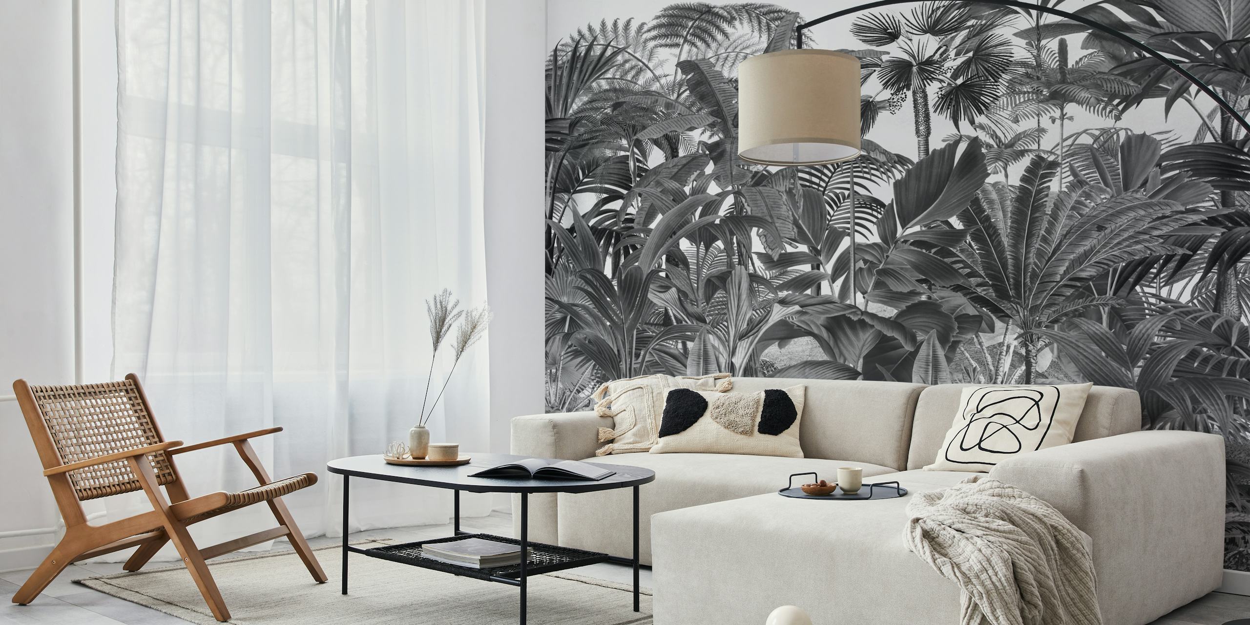 Tropical jungle foliage in black and white wallpaper