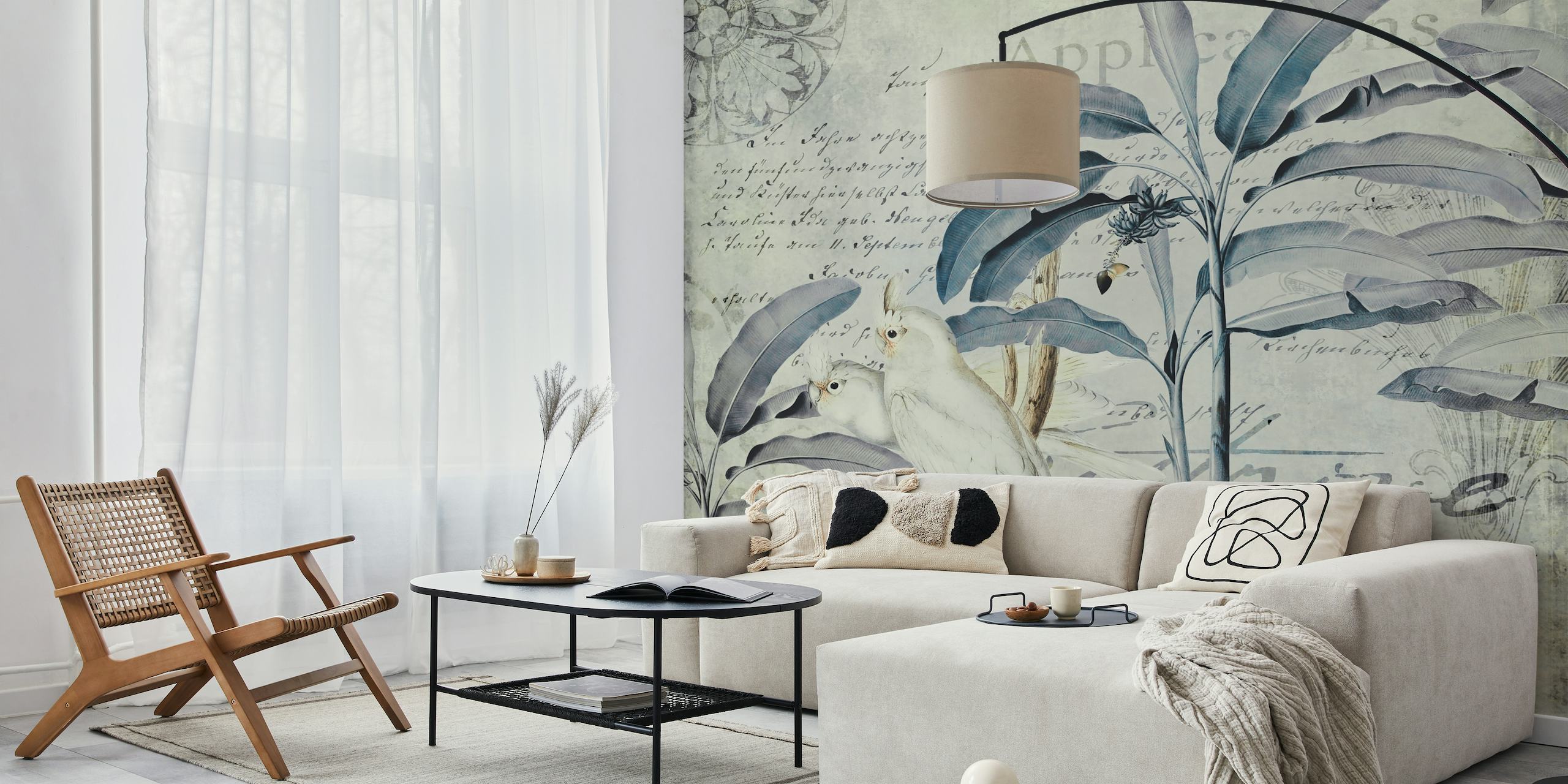 Elegant vintage-style wall mural featuring a cockatoo with botanical motifs and script background.