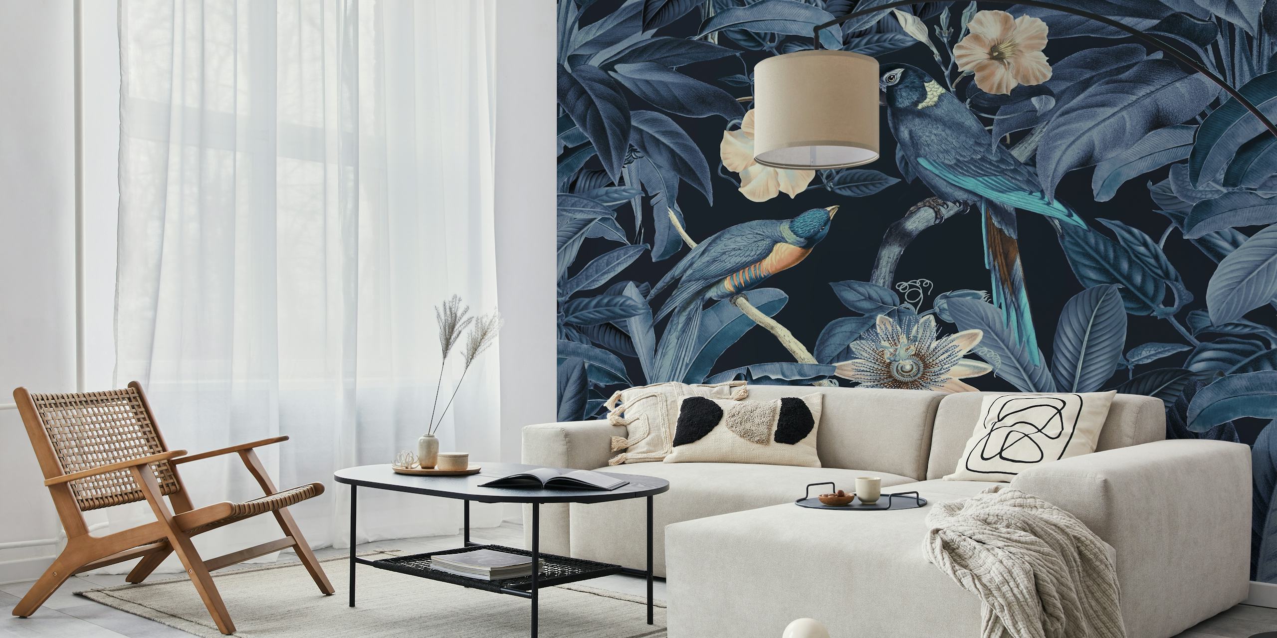 papel de parede Midnight Jungle Birds em um quarto