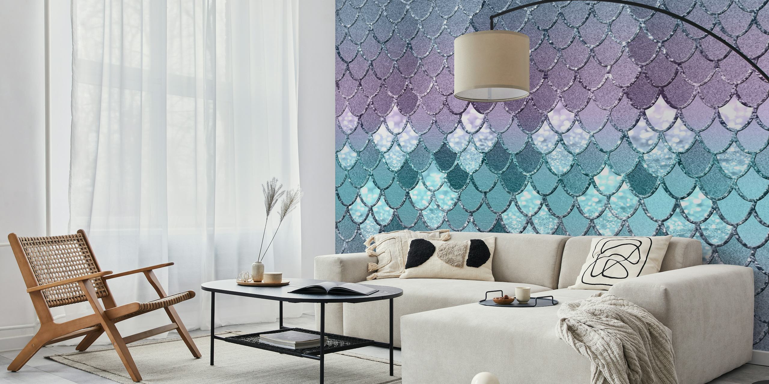 Marinblå till lila gradient sjöjungfru skala mönster väggmålning