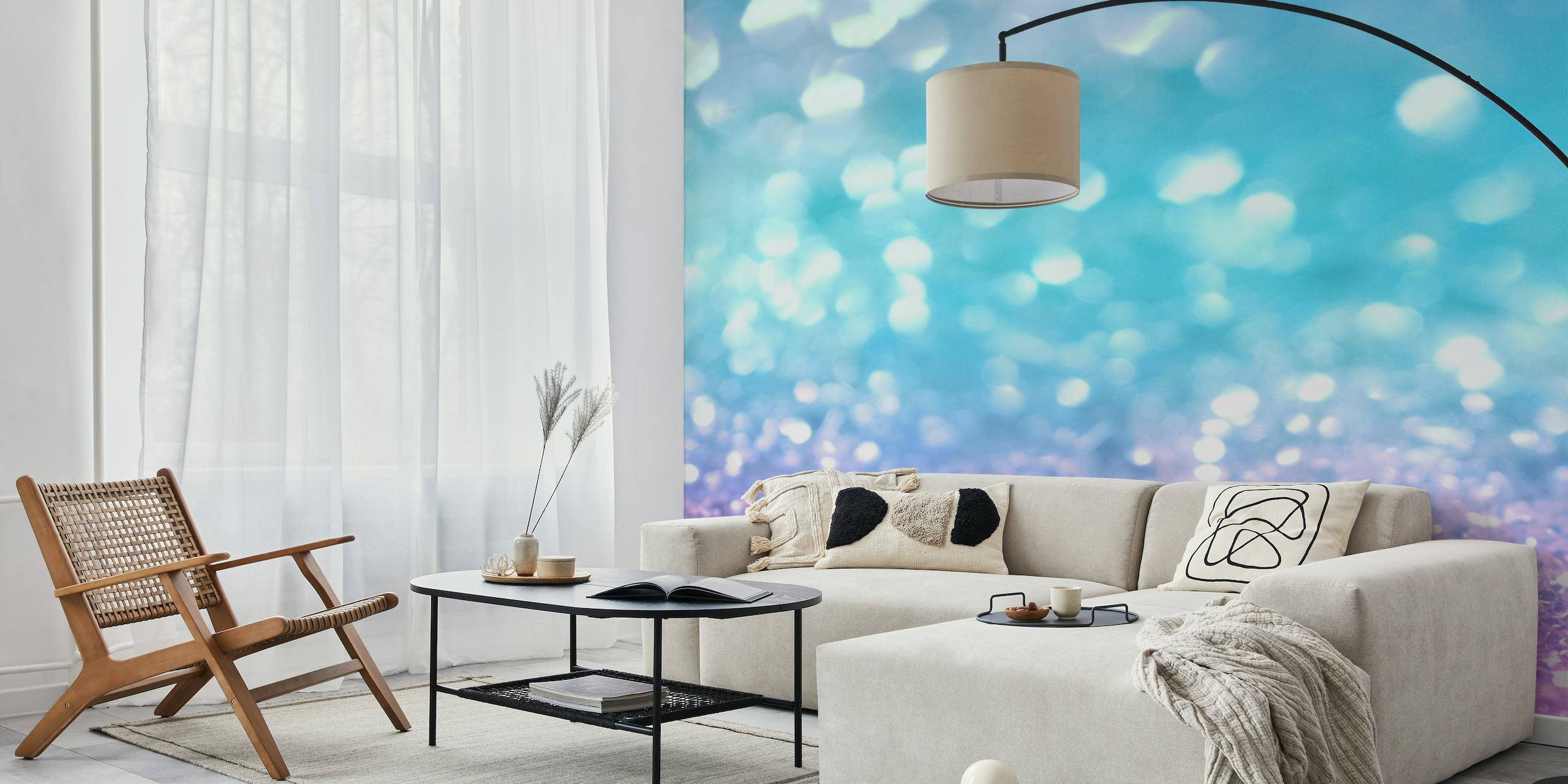 Whimsical blue and purple glitter effect mural reminiscent of a mermaid's undersea world.