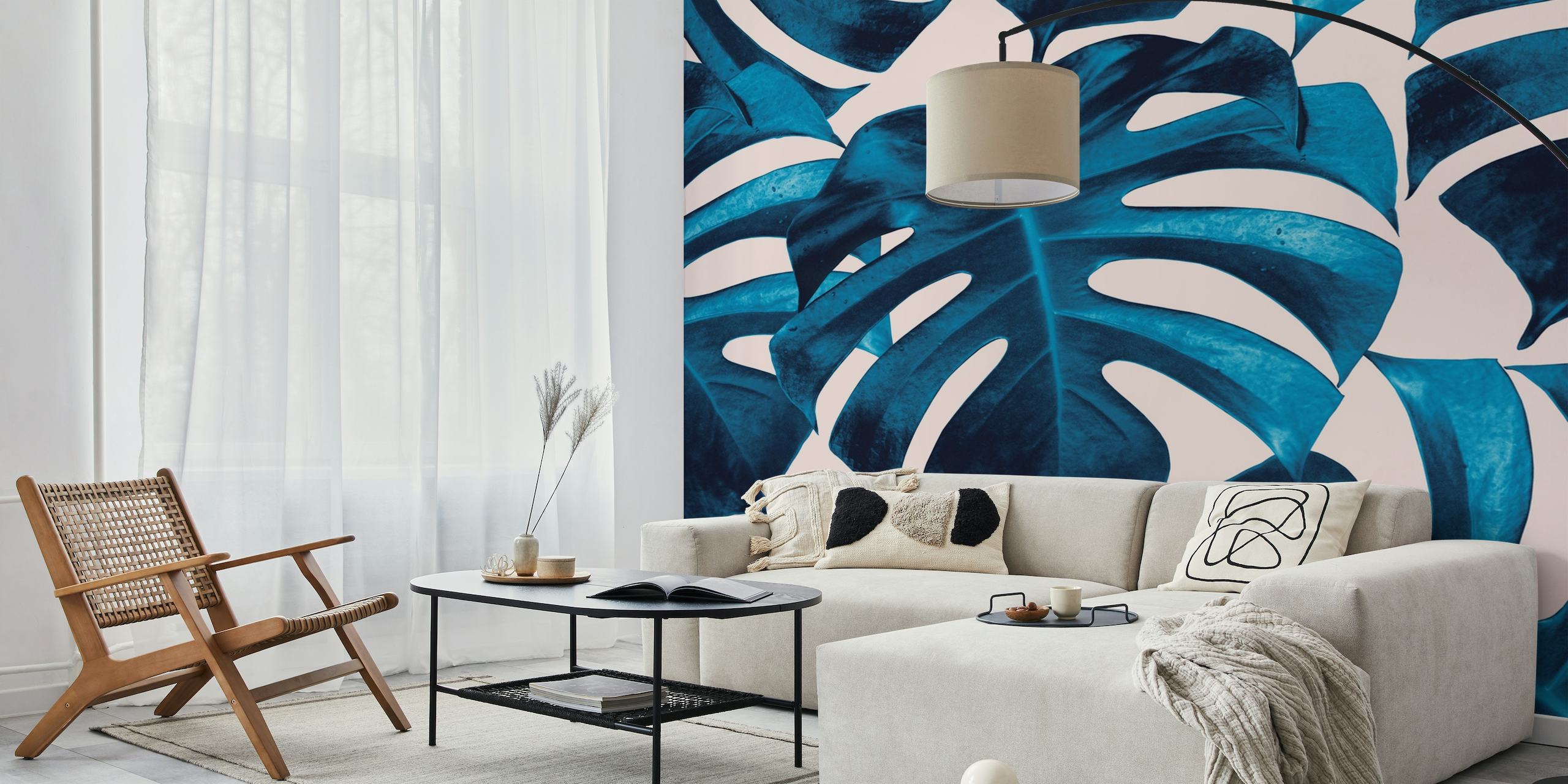 Tropical Monstera Leaves wall mural in shades of blue