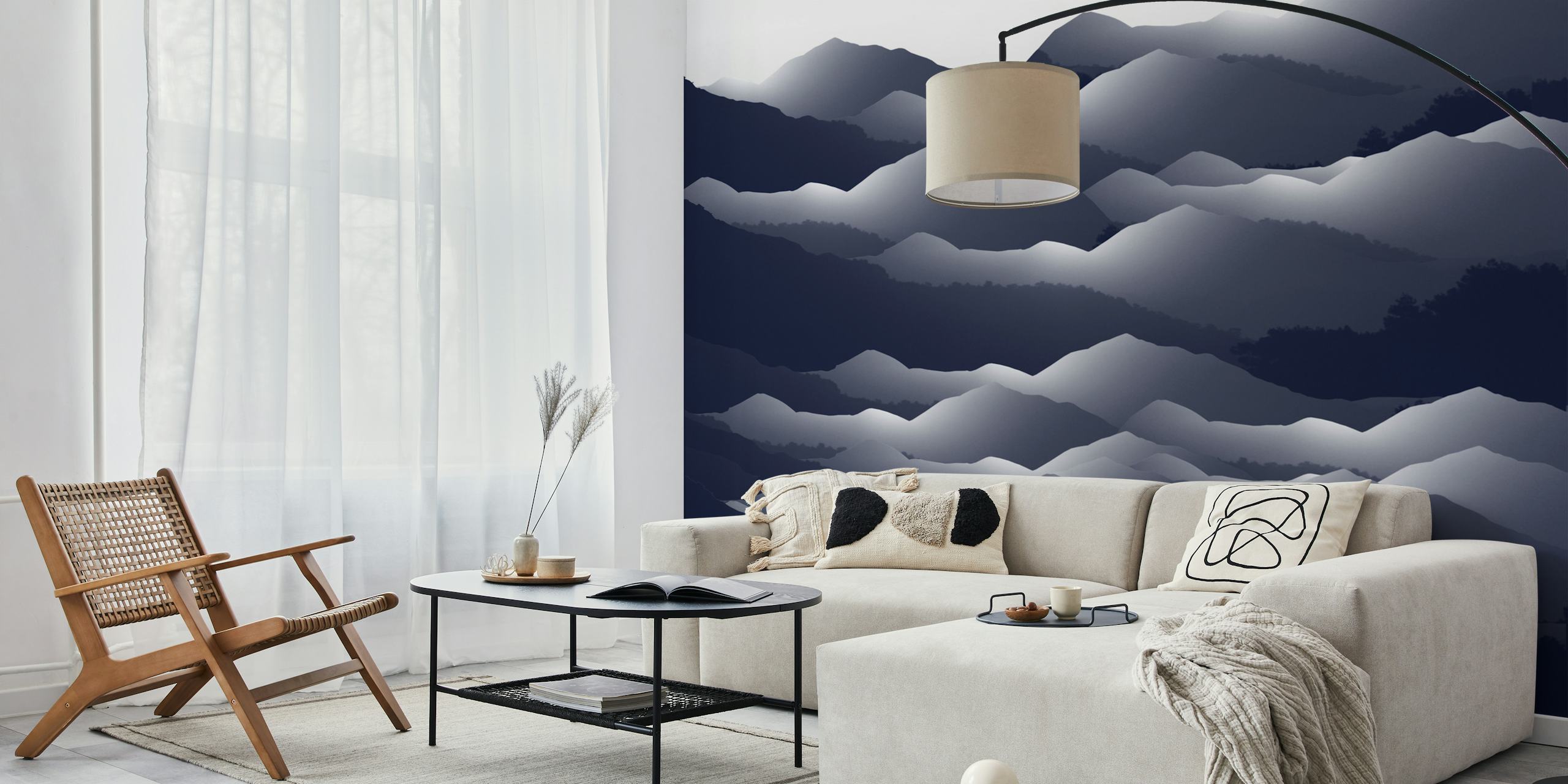 Navy blue mountain wallpaper with layered mountain peaks in shades of blue and gray