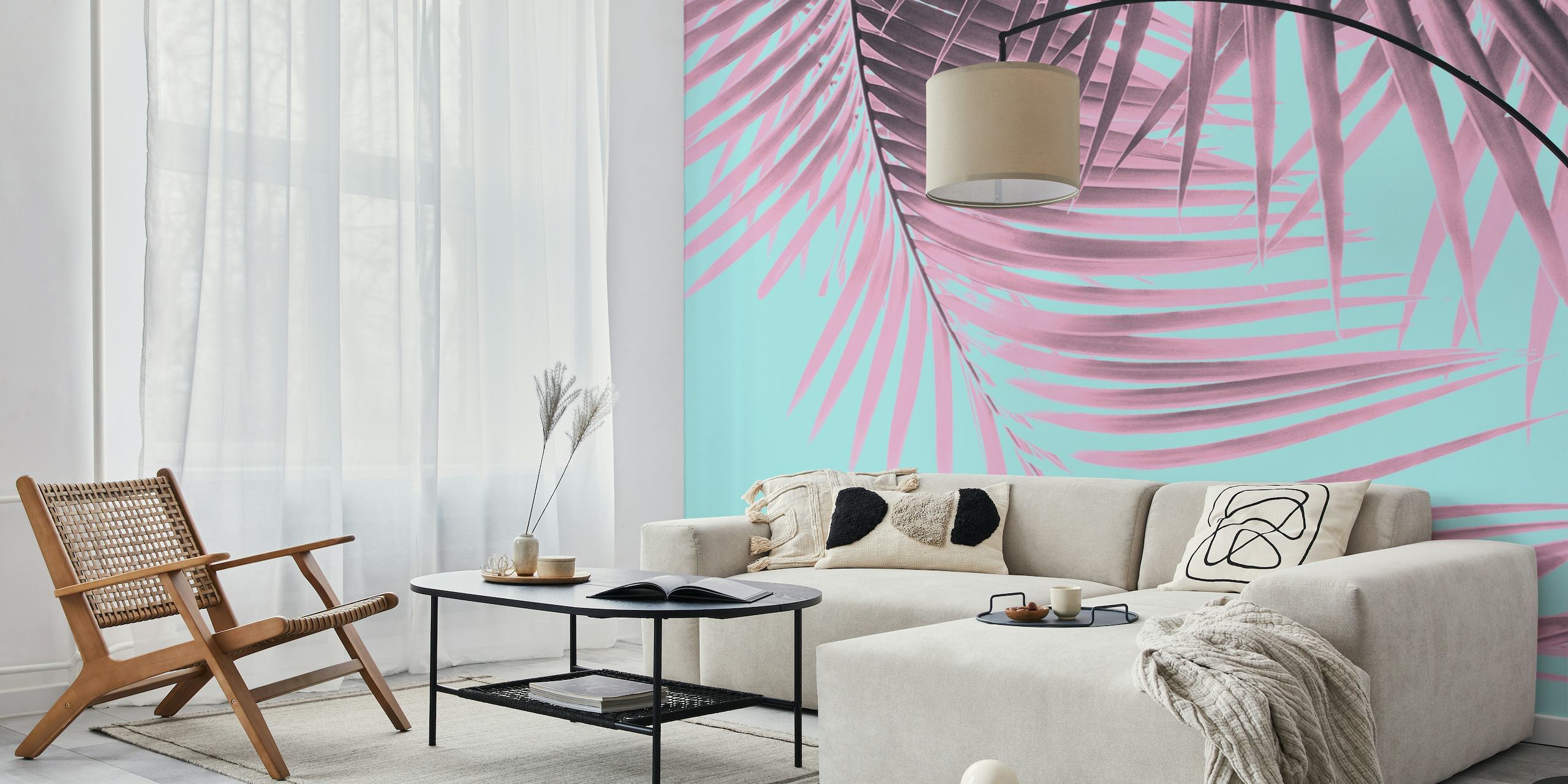 Palm Leaves Summer Vibes 7 wall mural with pink palm leaves on a blue background.