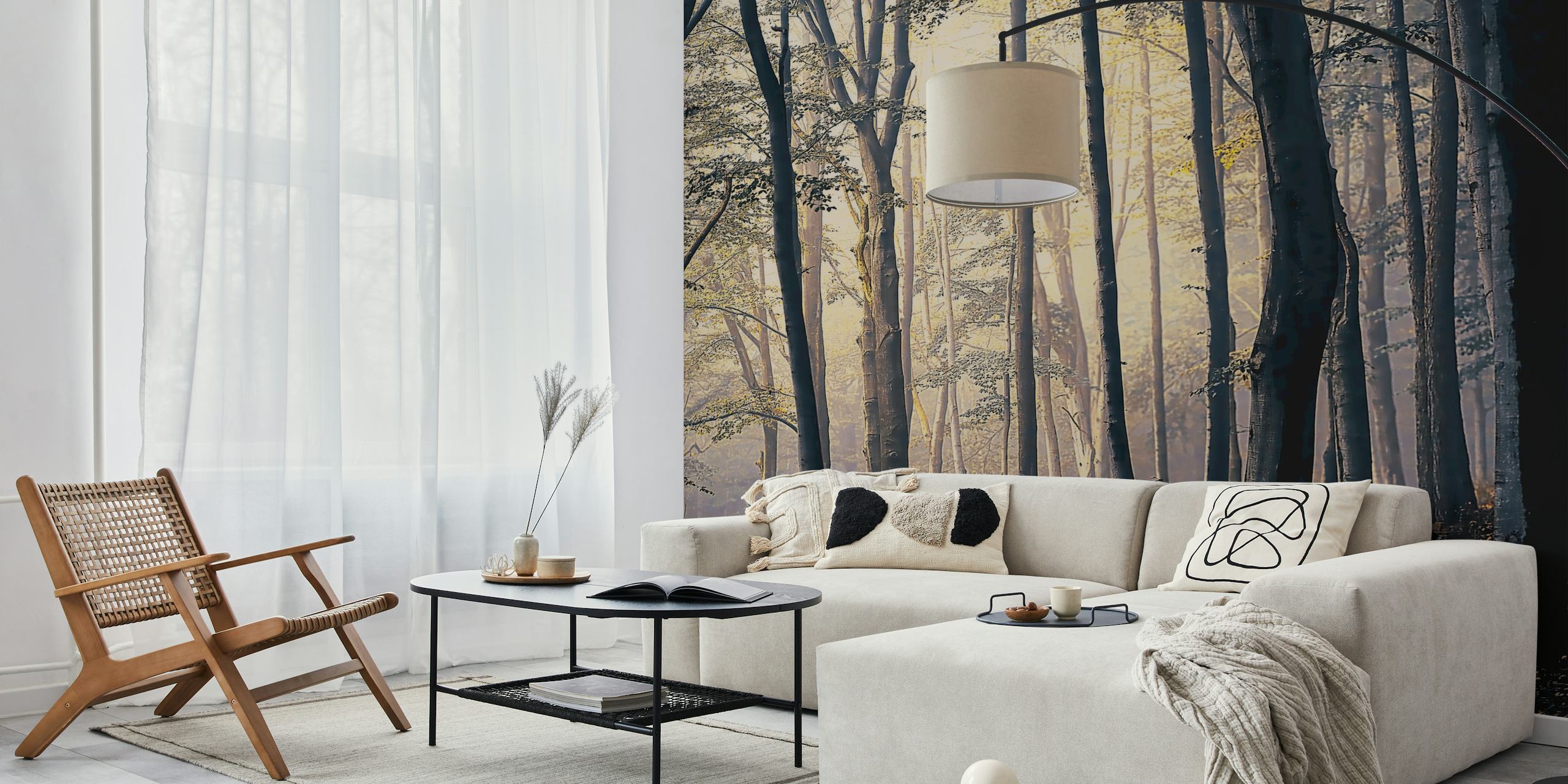 Papel de parede Foggy Forest Trees em um quarto