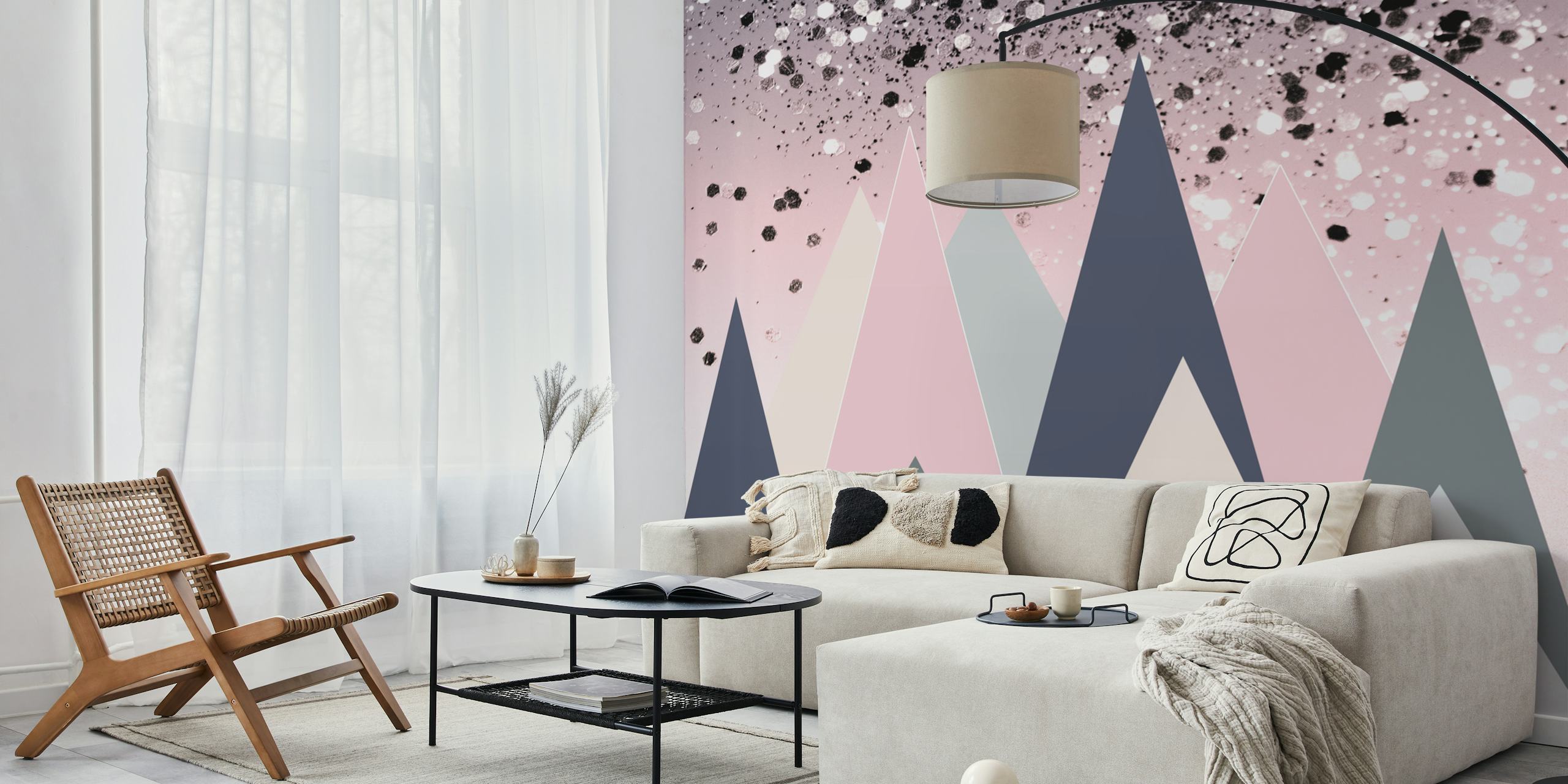 Pink and gray geometric mountain wallpaper with glitter effect
