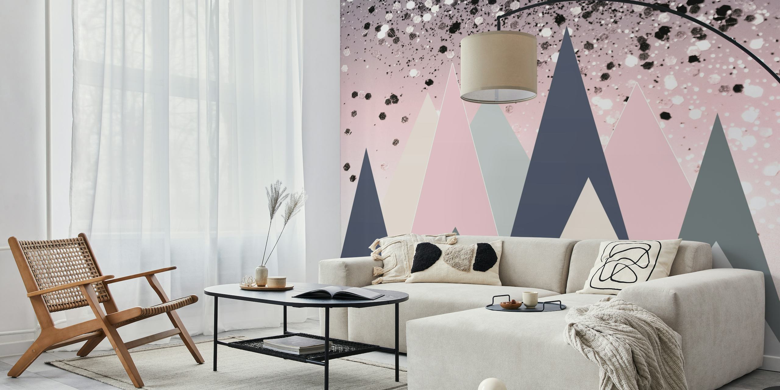 Geometric Mountains with hues of pink, gray, and cream topped with a glittery texture