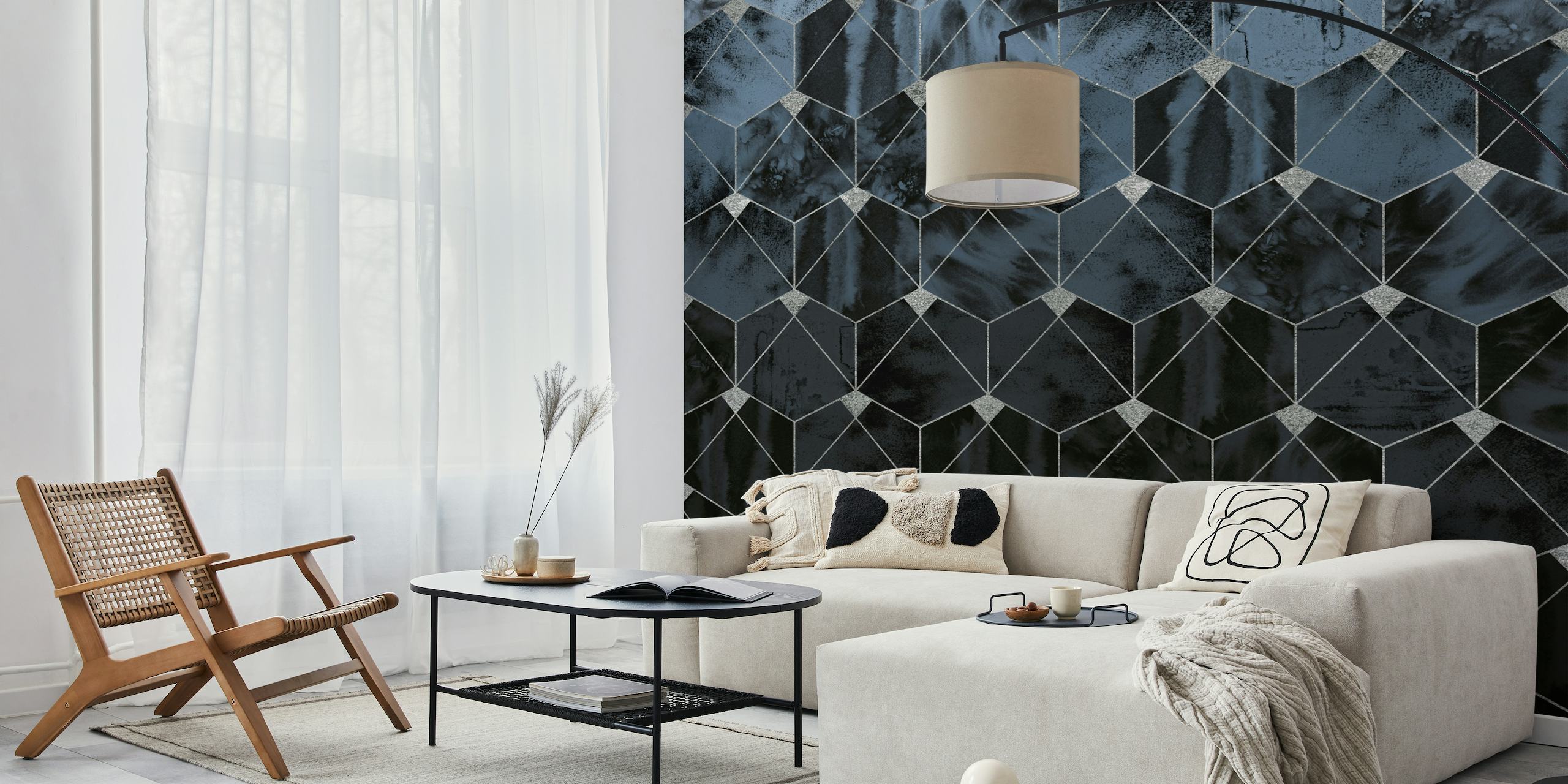 Geometric ice hexagons wall mural in shades of grey creating a 3D illusion