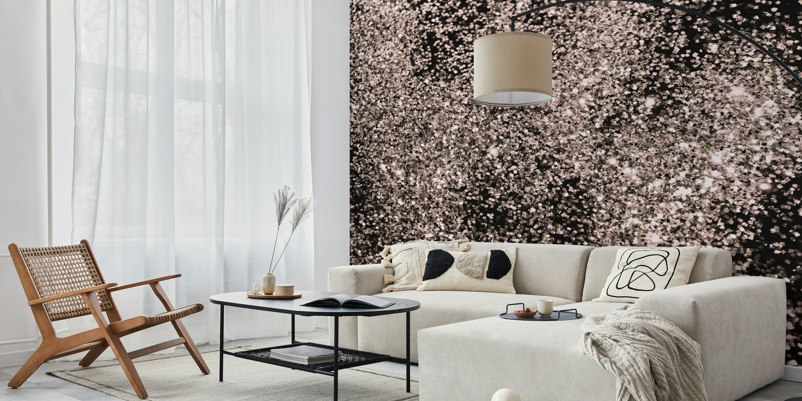 Sparkling rose gold glitter wallpaper in a room