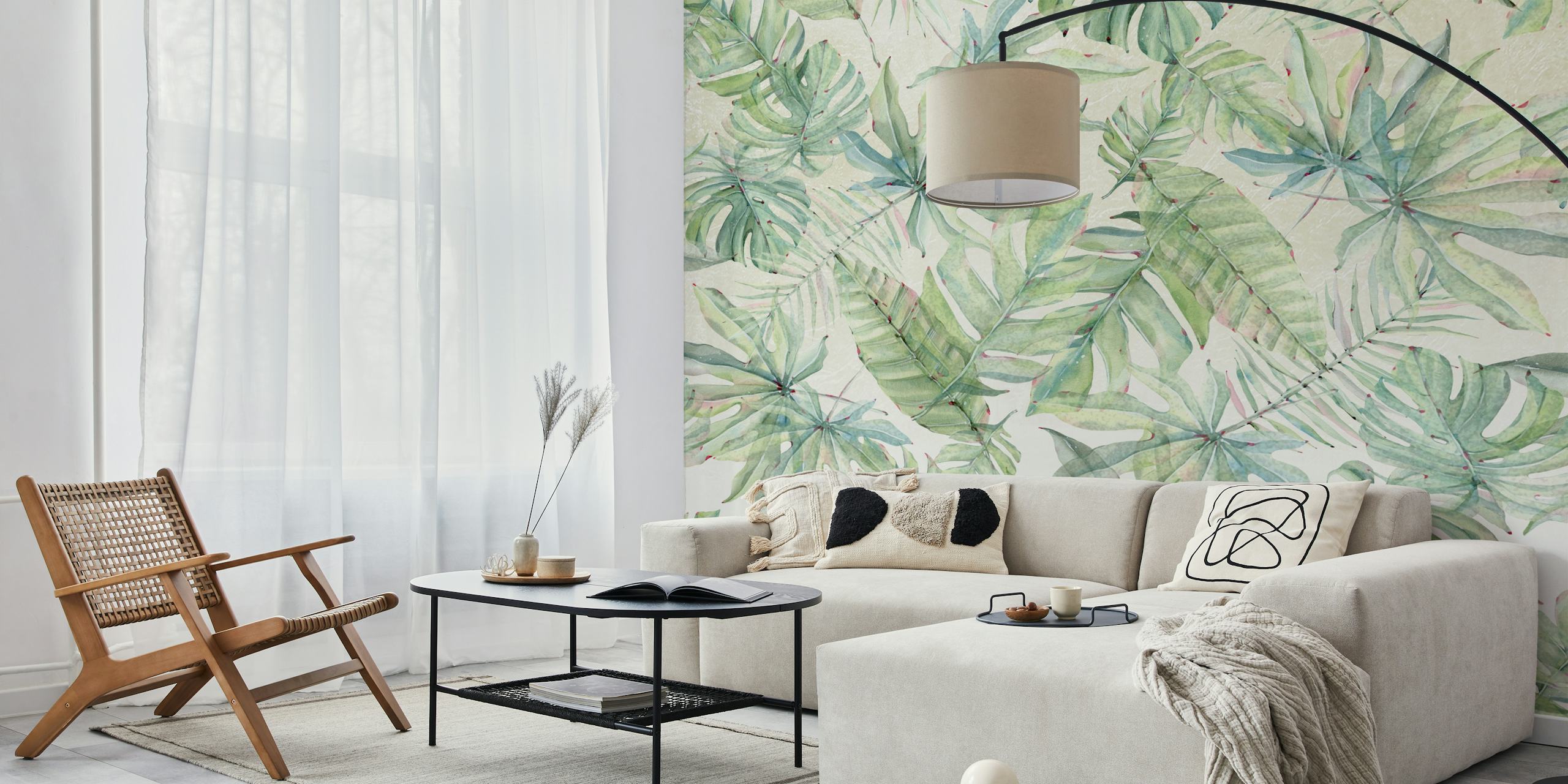 Tropical green leaves patterned wallpaper on a light background