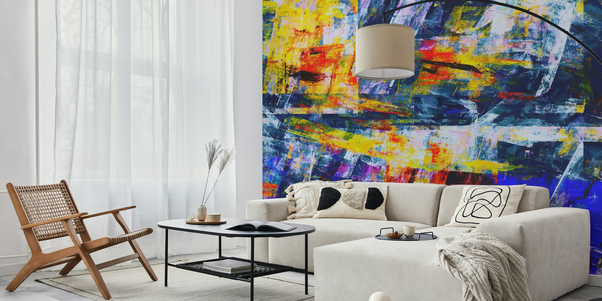 Colorful abstract wallpaper with dynamic brush strokes in yellow, red, blue, and white.