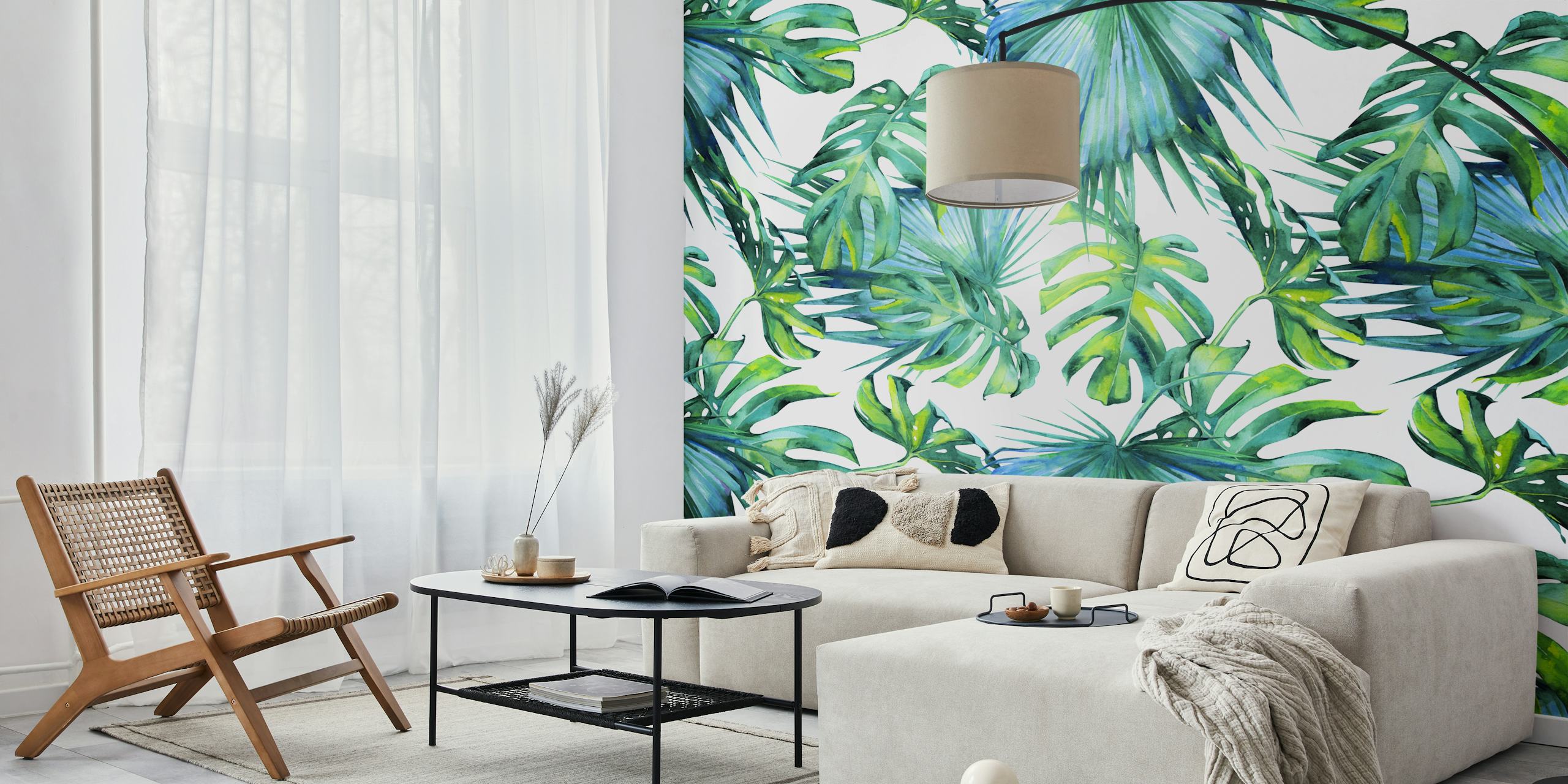 Blue tropical monstera leaves on white background wallpaper