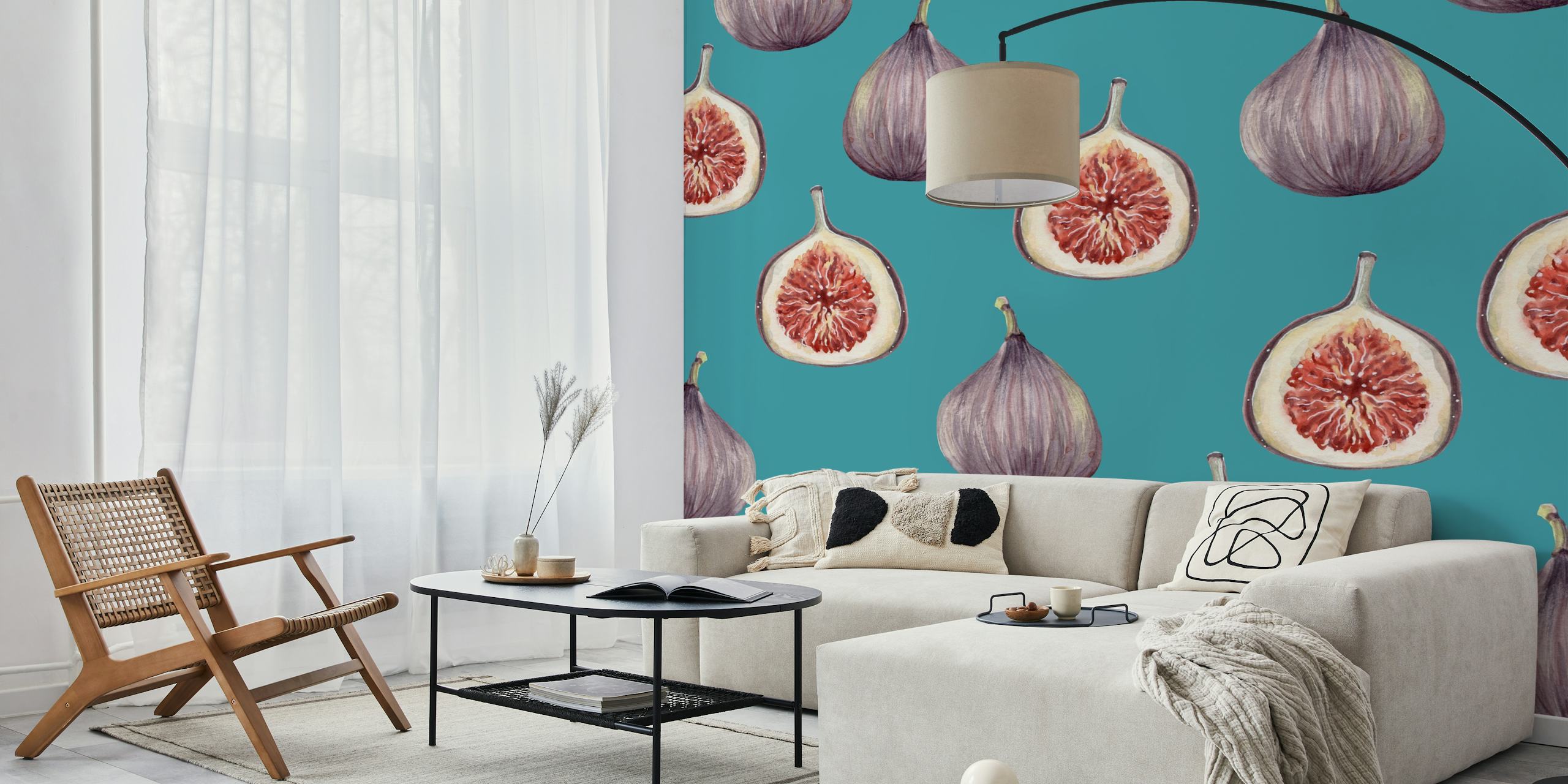 Papel pintado Figs Teal exhibido en una habitación