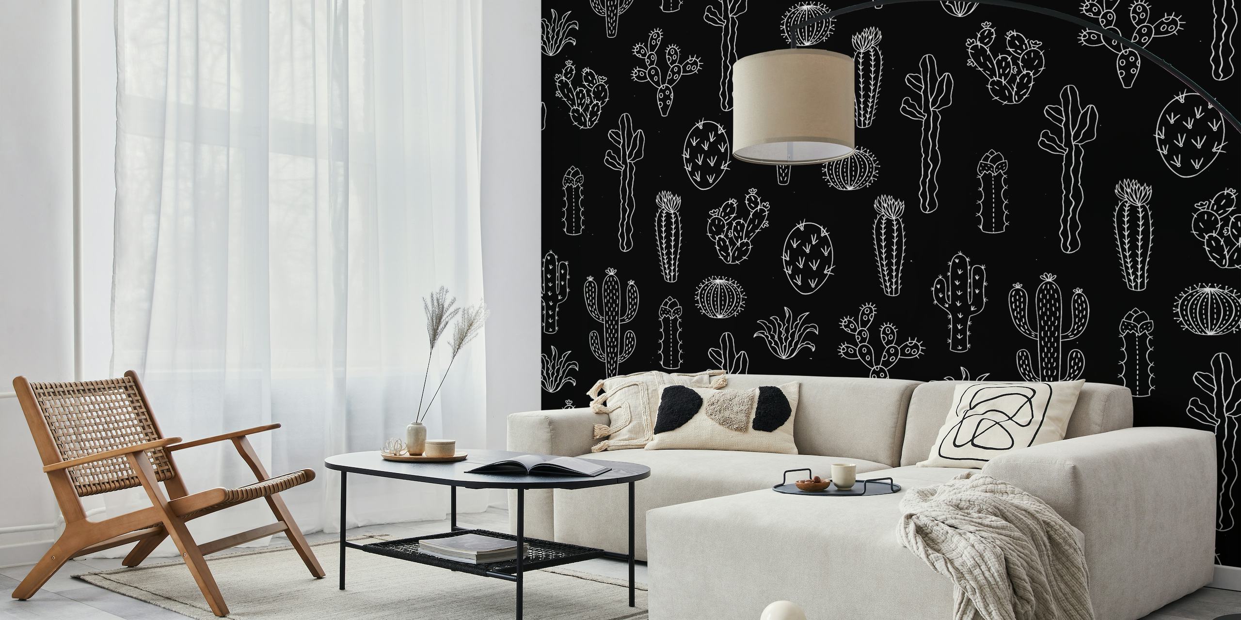 Kaktus silhuet på sort baggrund vægmaleri