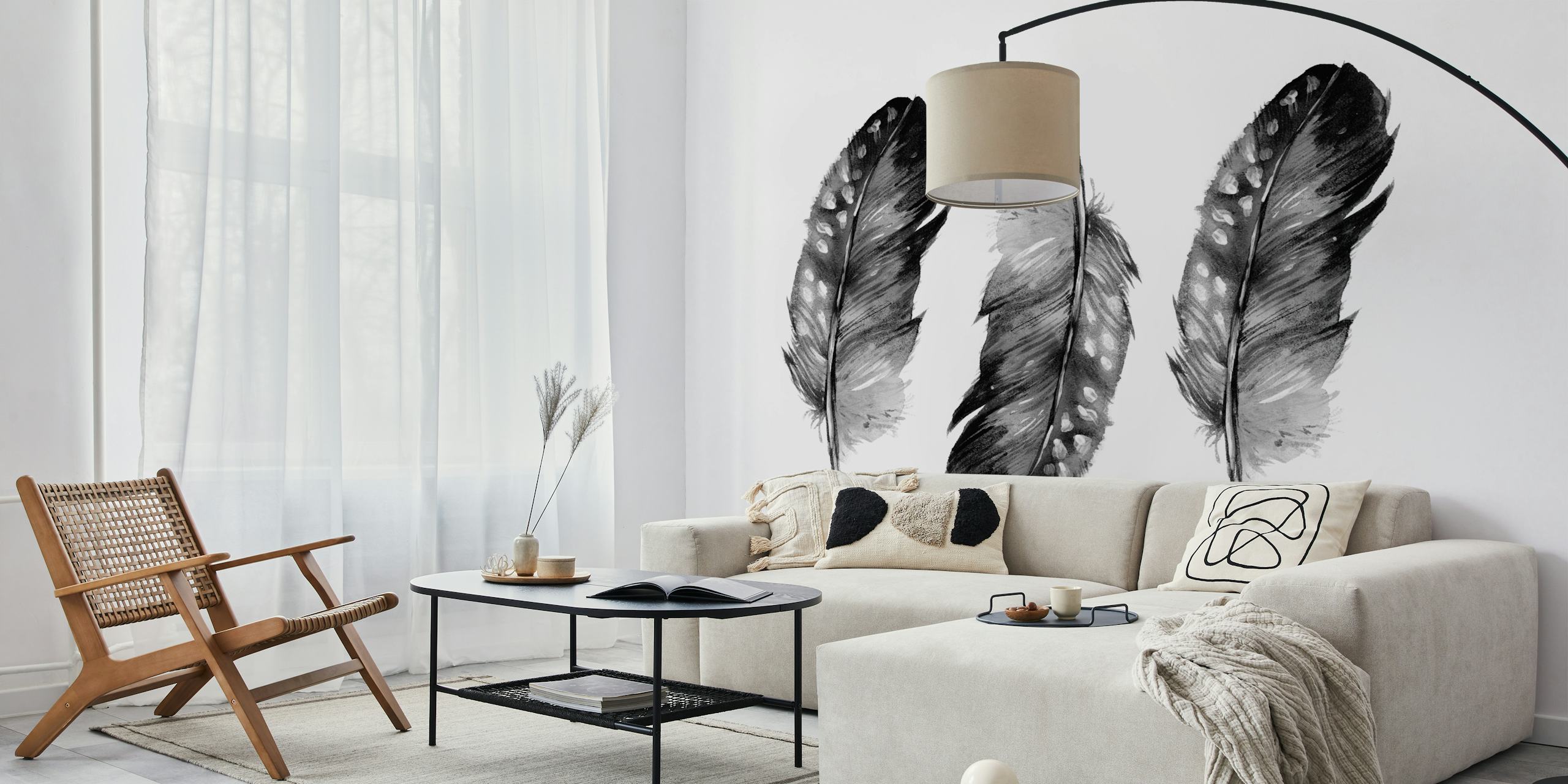 Three black and white feather illustrations on a white background wallpaper