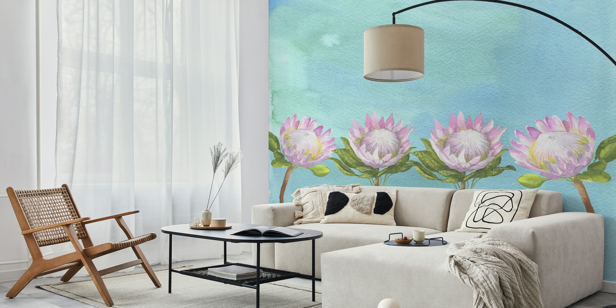 Række af fem lotusblomster mod en rolig akvarel baggrund