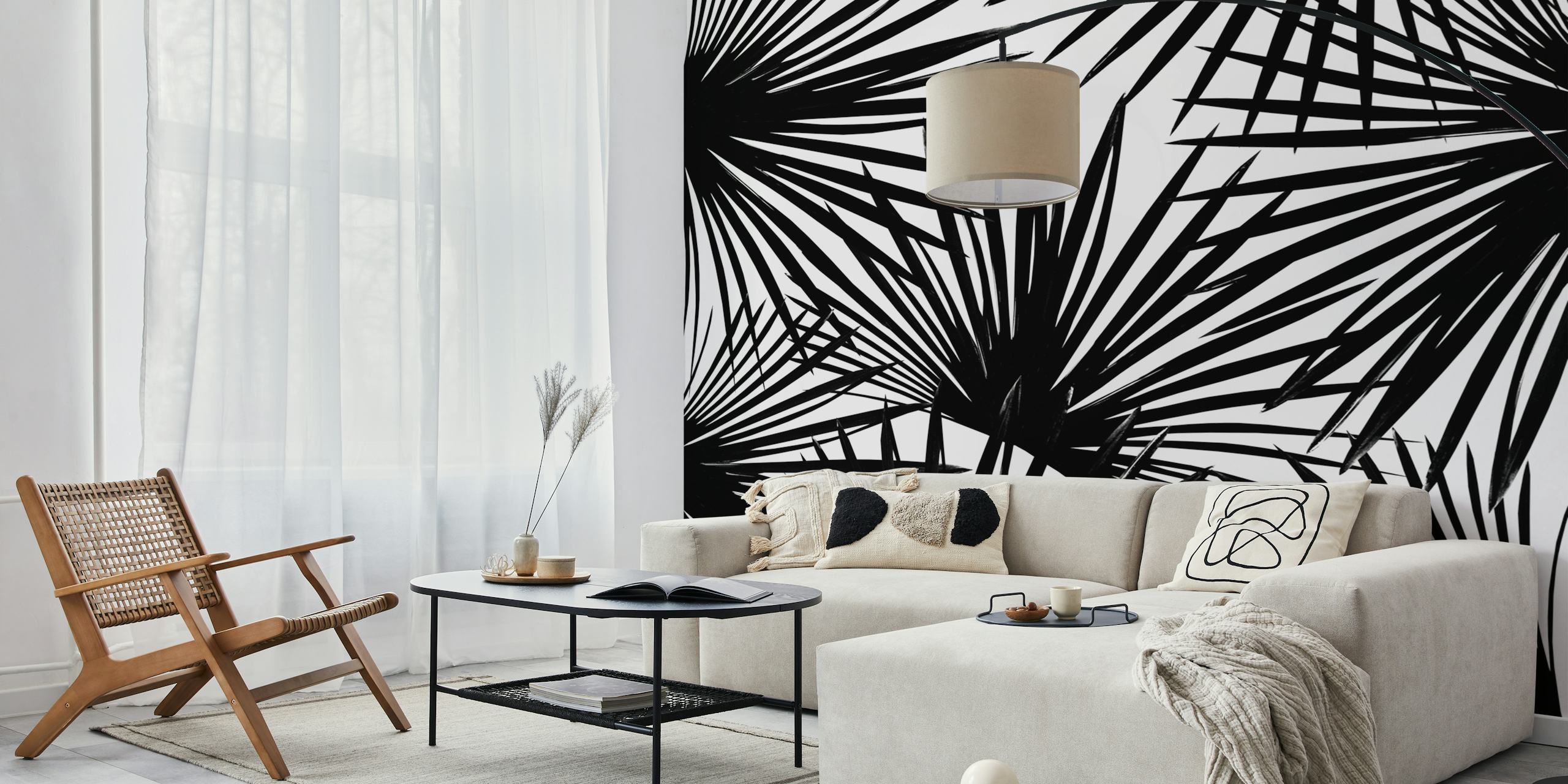 Black palm leaves pattern on white background wallpaper