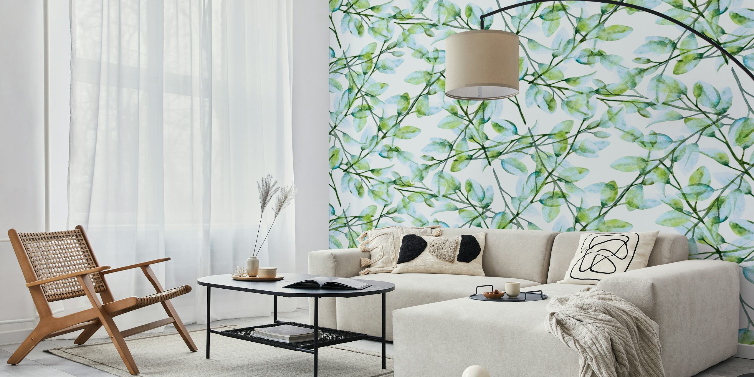 Elegant botanical Delicate Leaves wall mural with green leaves on white background