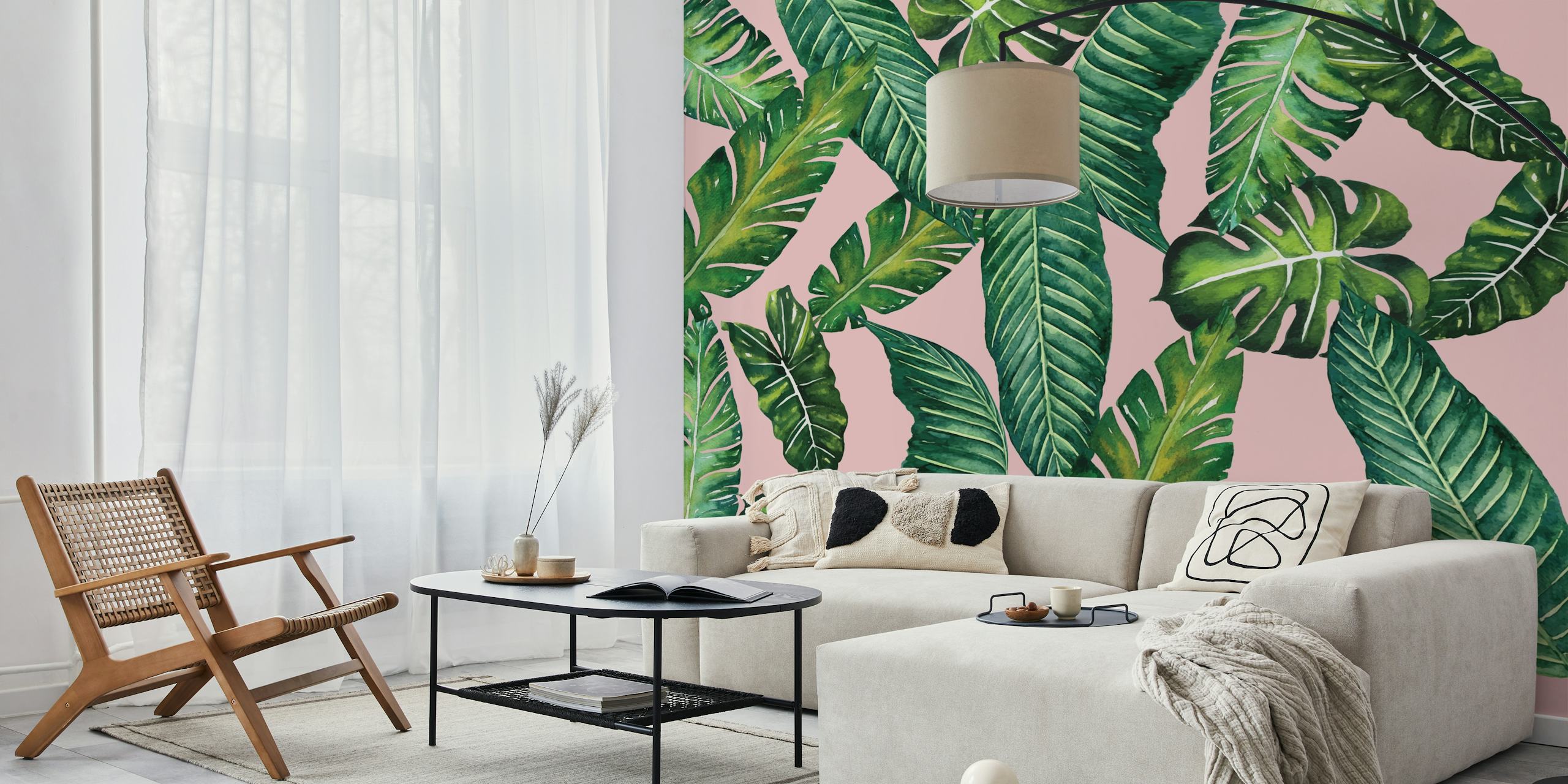 Jungle Leaves Banana 2 Pink wallpaper in a room