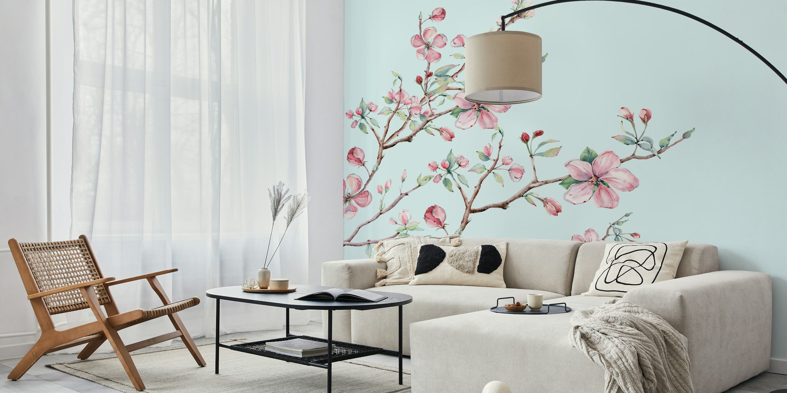 Pink floral branches with mint background wallpaper
