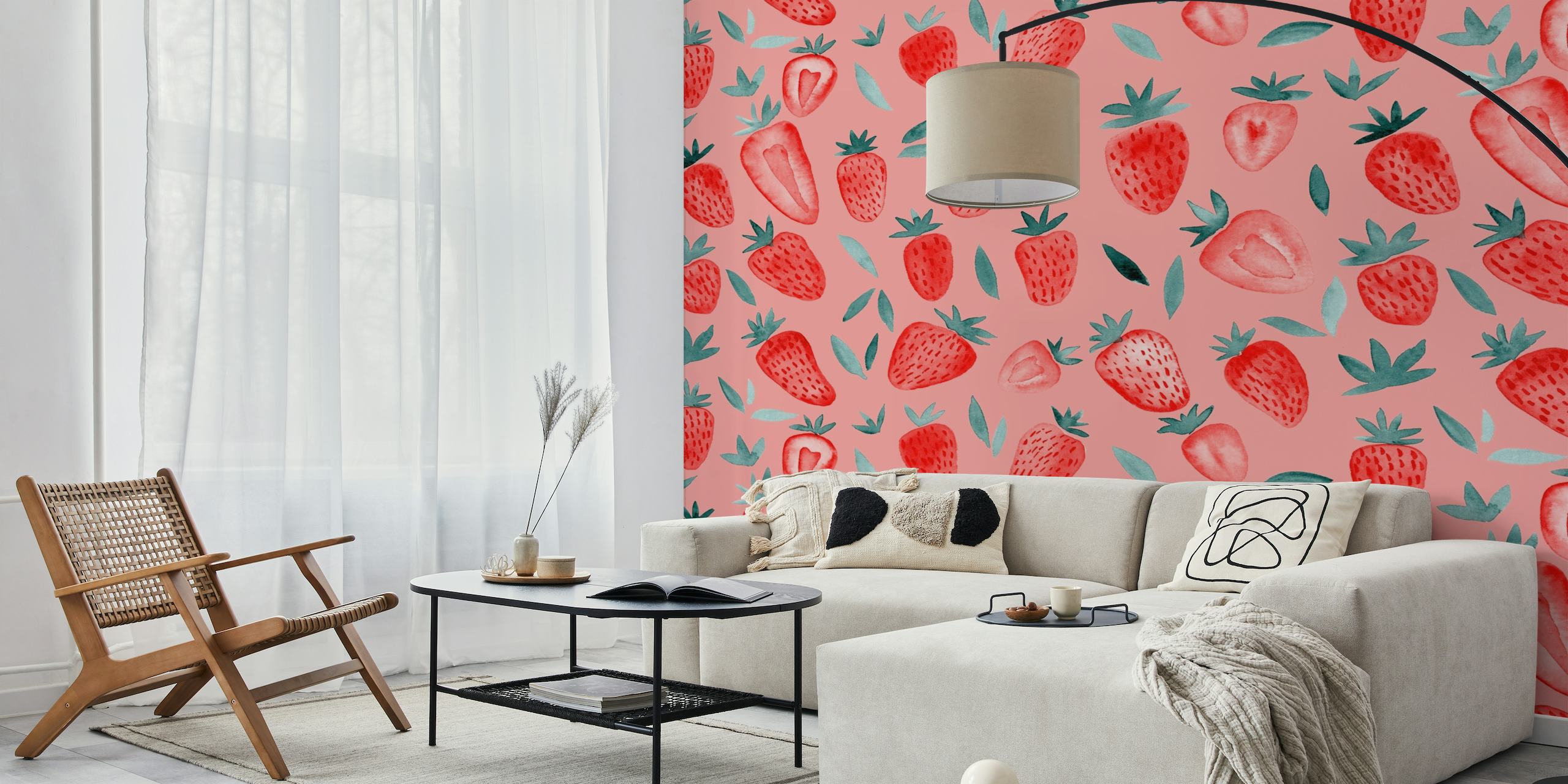 Hand-painted watercolor strawberries on a soft pink background wall mural