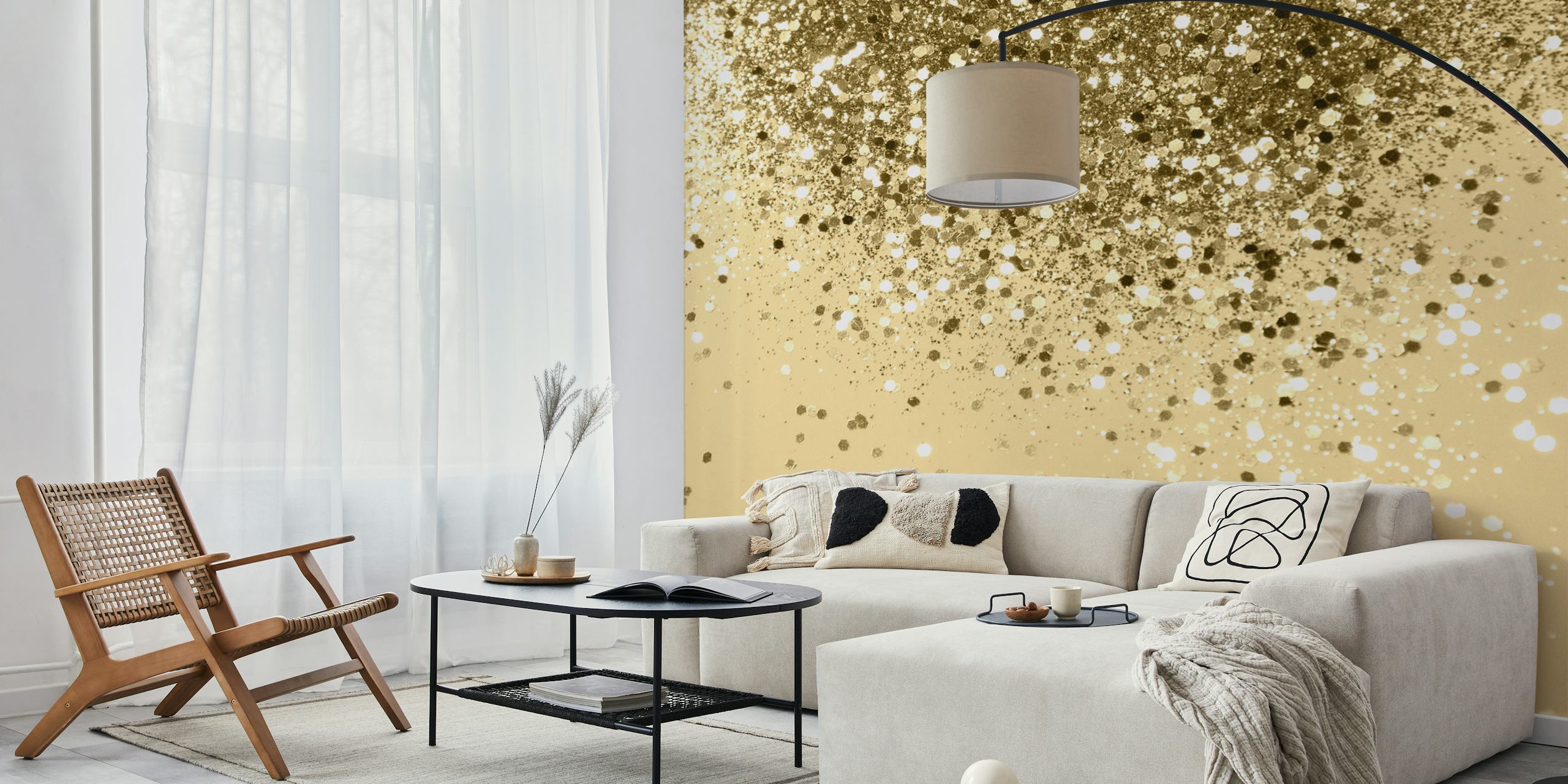 Mural de pared brillante Cali Summer Vibes que muestra motas doradas brillantes sobre un fondo neutro