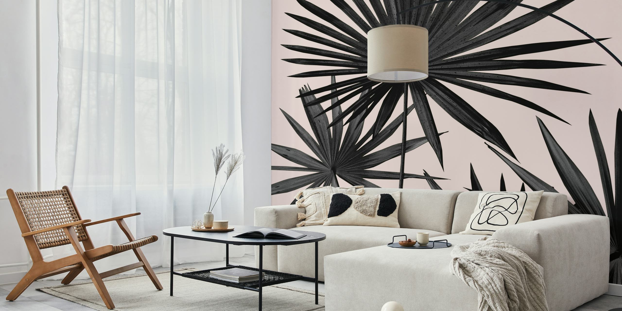 Fan palm leaves on a pink background wall mural