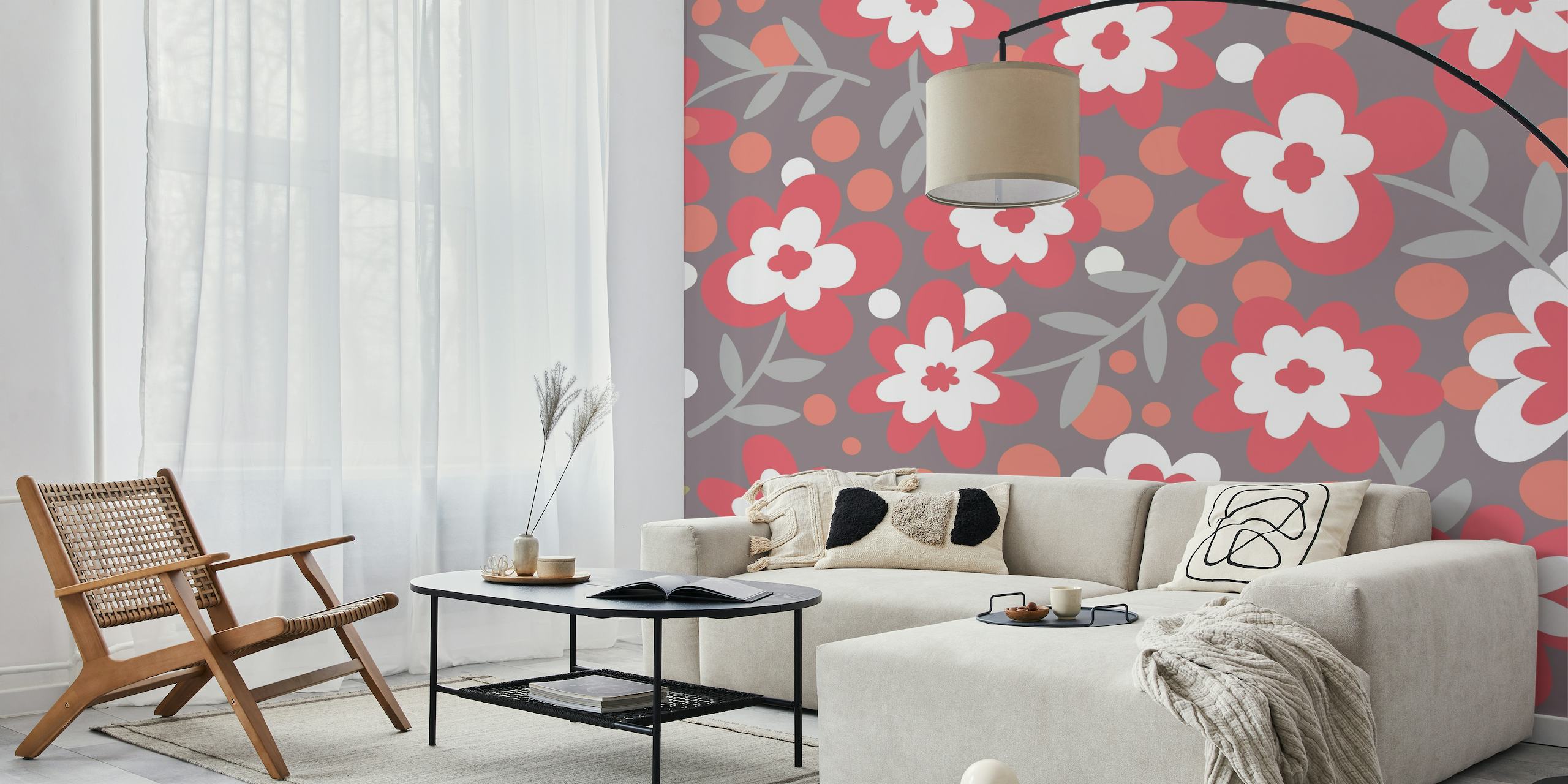 Floral Ruby Red Taupe Grey Wall Mural with a pattern of red and white flowers and grey leaves on a muted background.