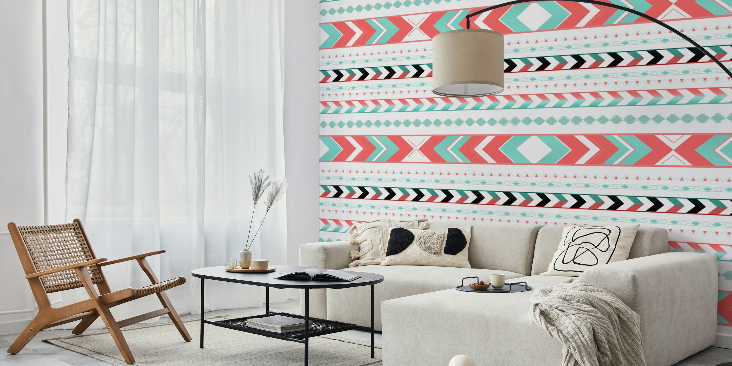 Tribal arrow pattern in coral, mint, and black on white wallpaper