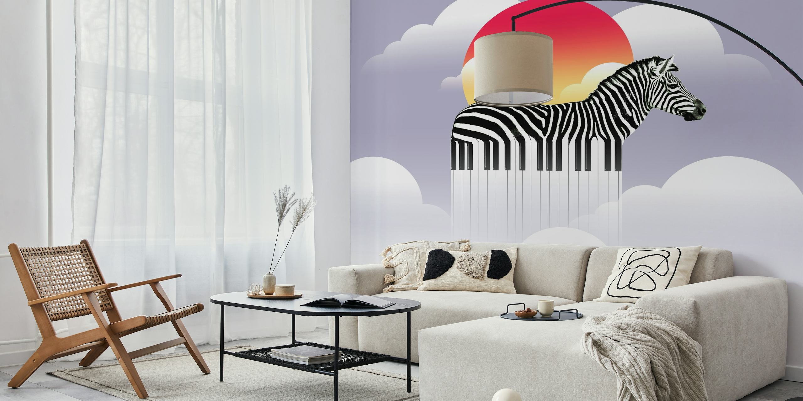 Zeyboard-seinämaalaus, jossa on taiteellinen seepra ja auringonlasku