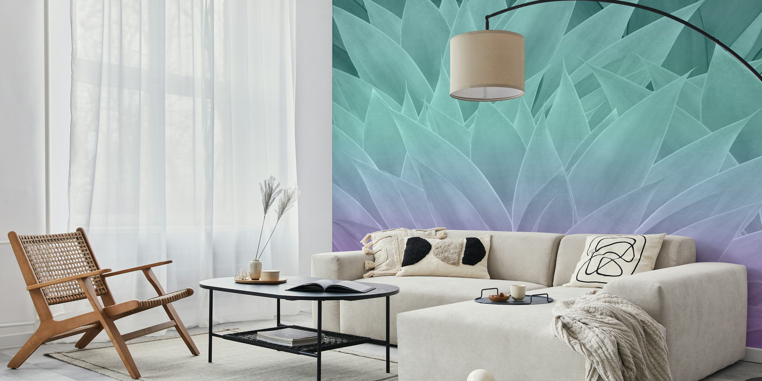 Agave leaves in aqua and purple tones wallpaper