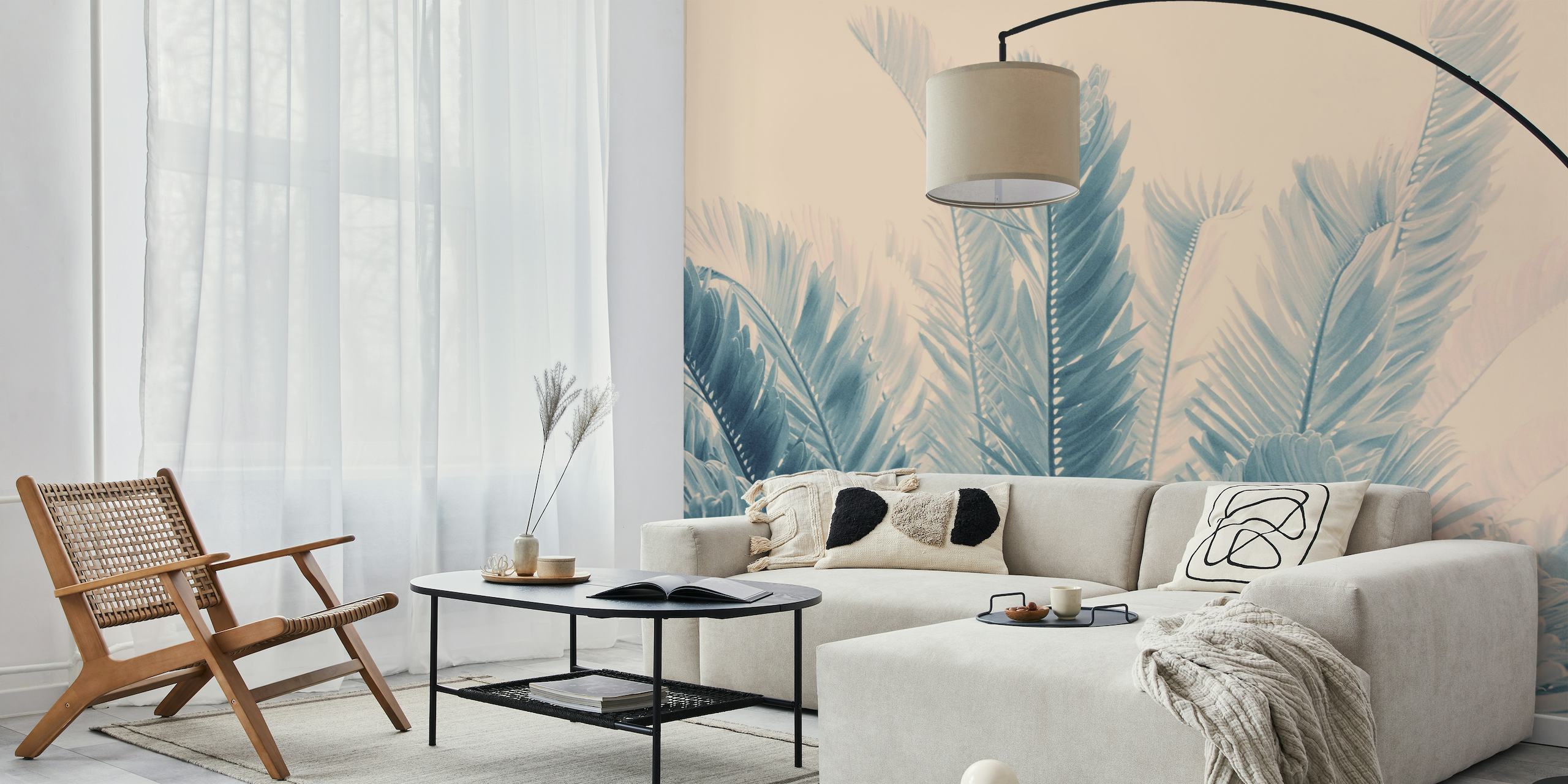 Mural de parede Tropical Leaves Dream 4 com folhas azuis para um interior relaxante
