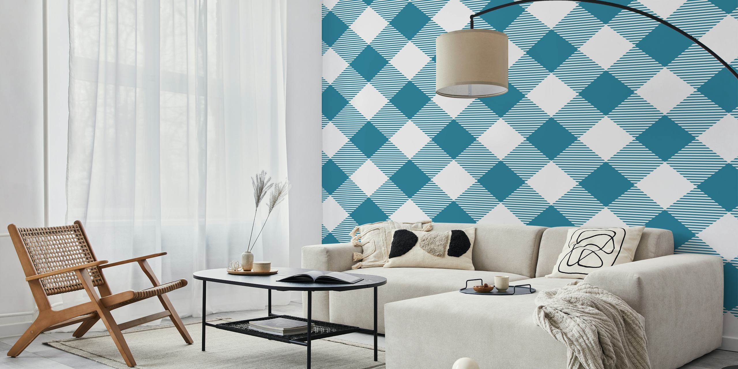 Check pattern wallpaper in dark teal green and white featuring geometric diamond shapes.