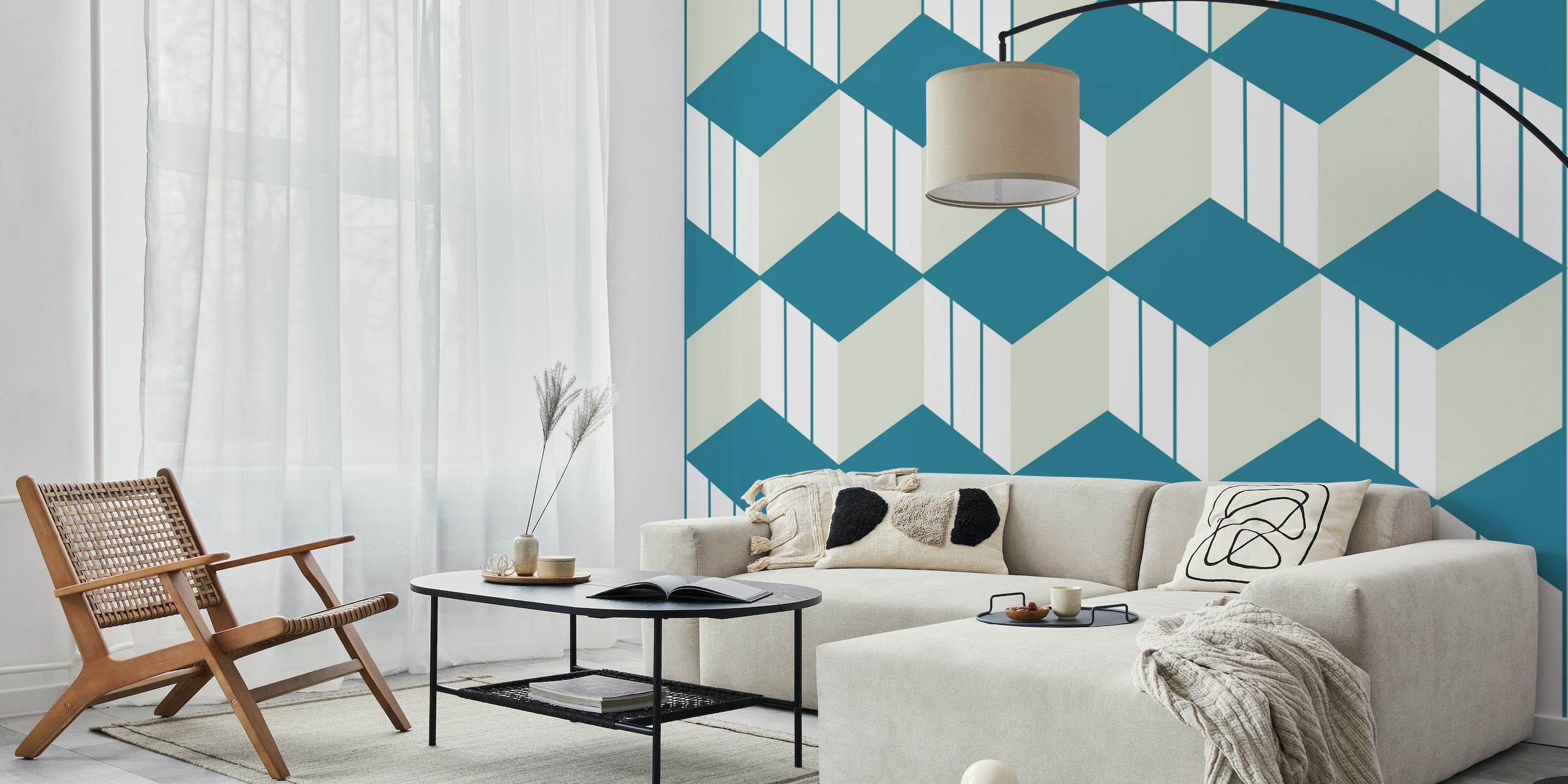 Muurschildering met Jade Sage Cube-patroon met geometrisch rasterontwerp in rustgevende blauw- en groentinten