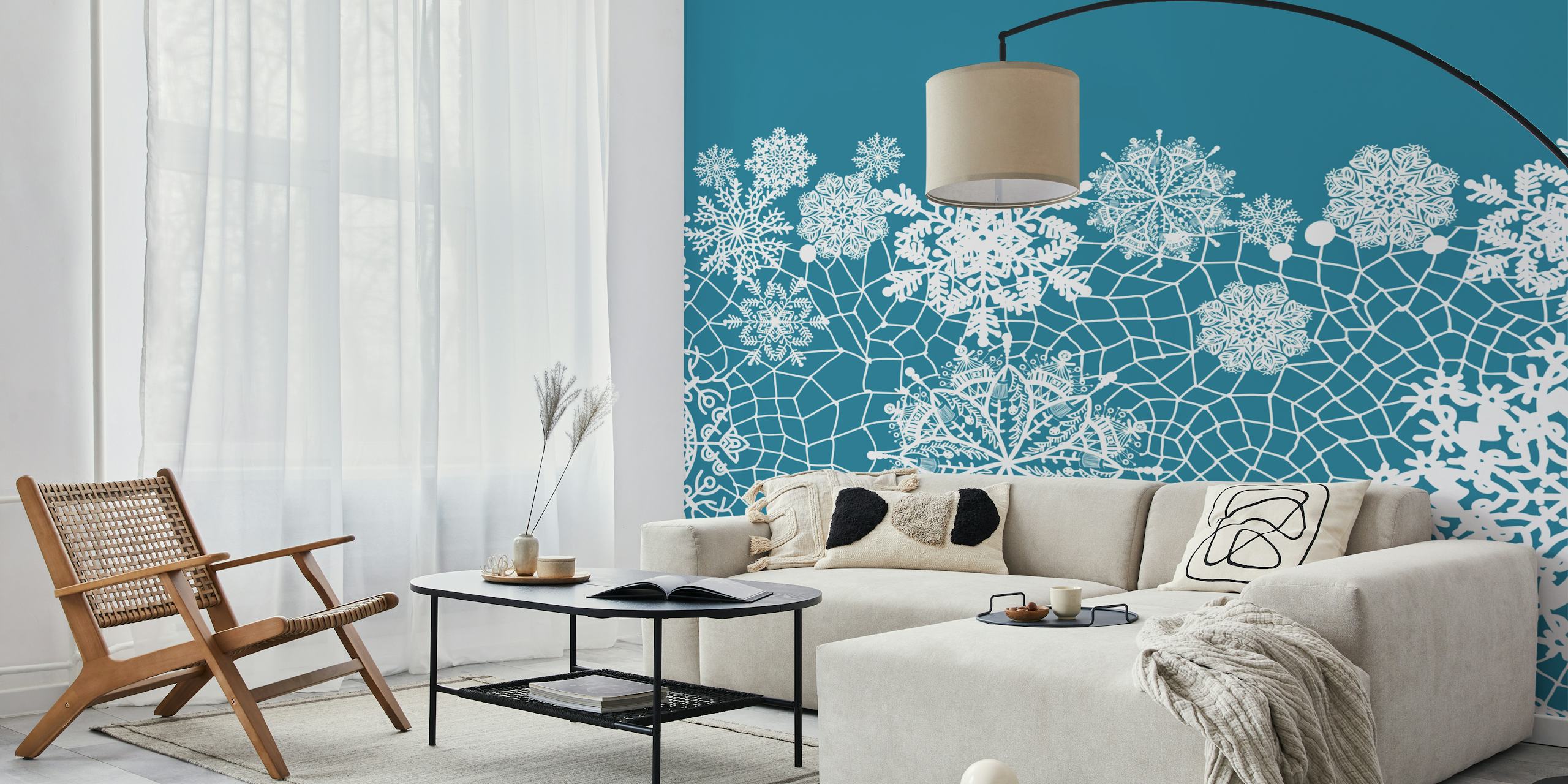 White lace snowflake patterns on teal background wallpaper