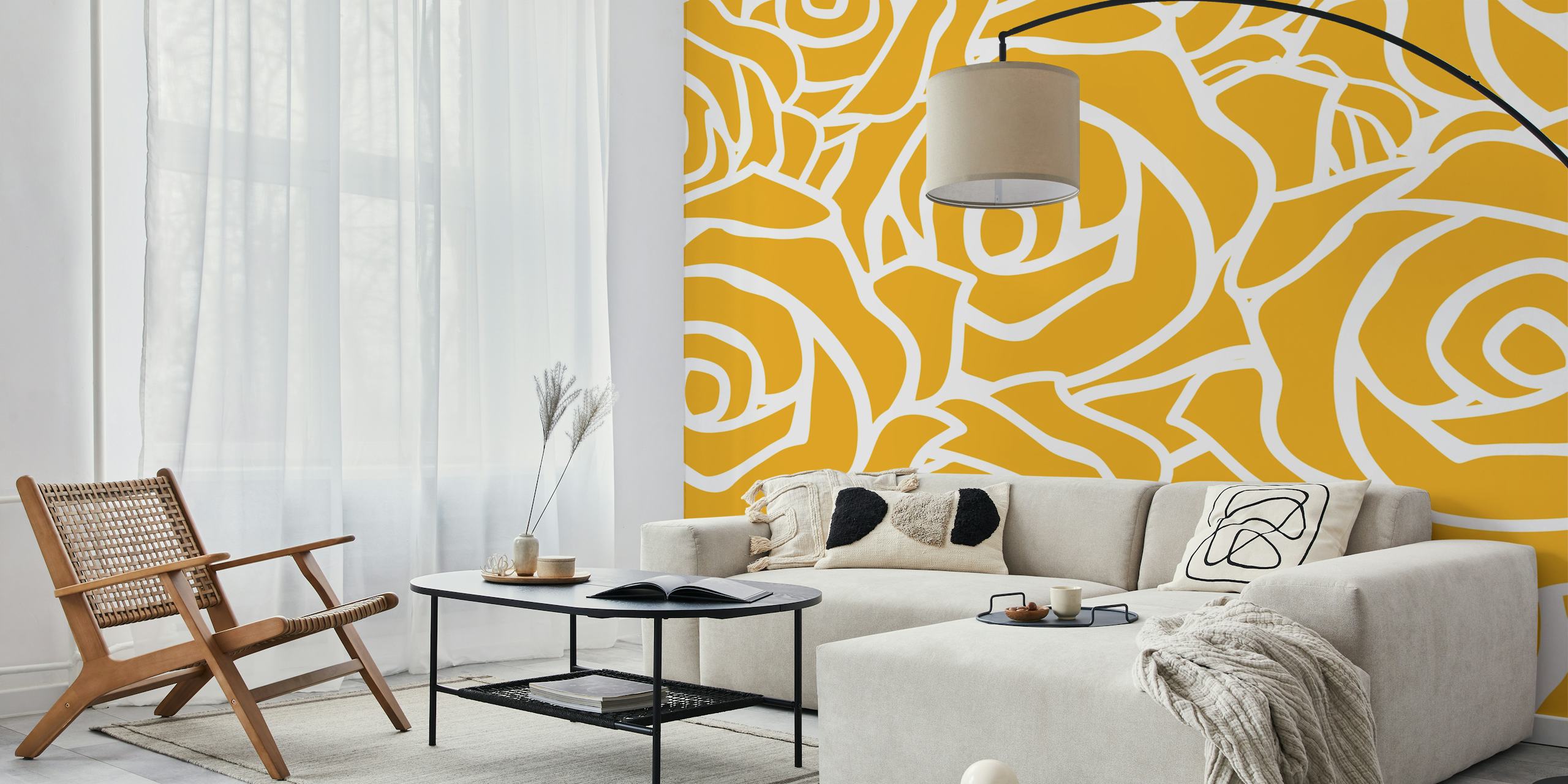 Yellow roses with white outlines floral wallpaper